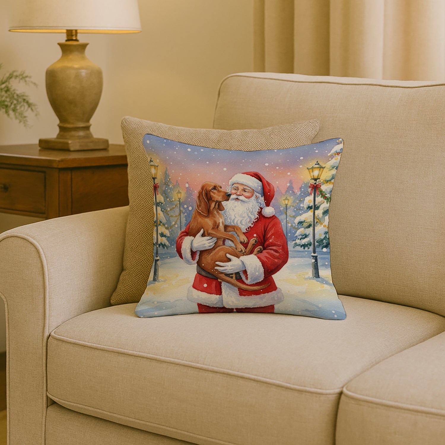 Redbone Coonhound with Santa Claus Decorative Throw Pillow 18x18 Indoor Outdoor Accent Cushion, Fabric Cover with Insert for Sofa, Bed, Porch & Living Room