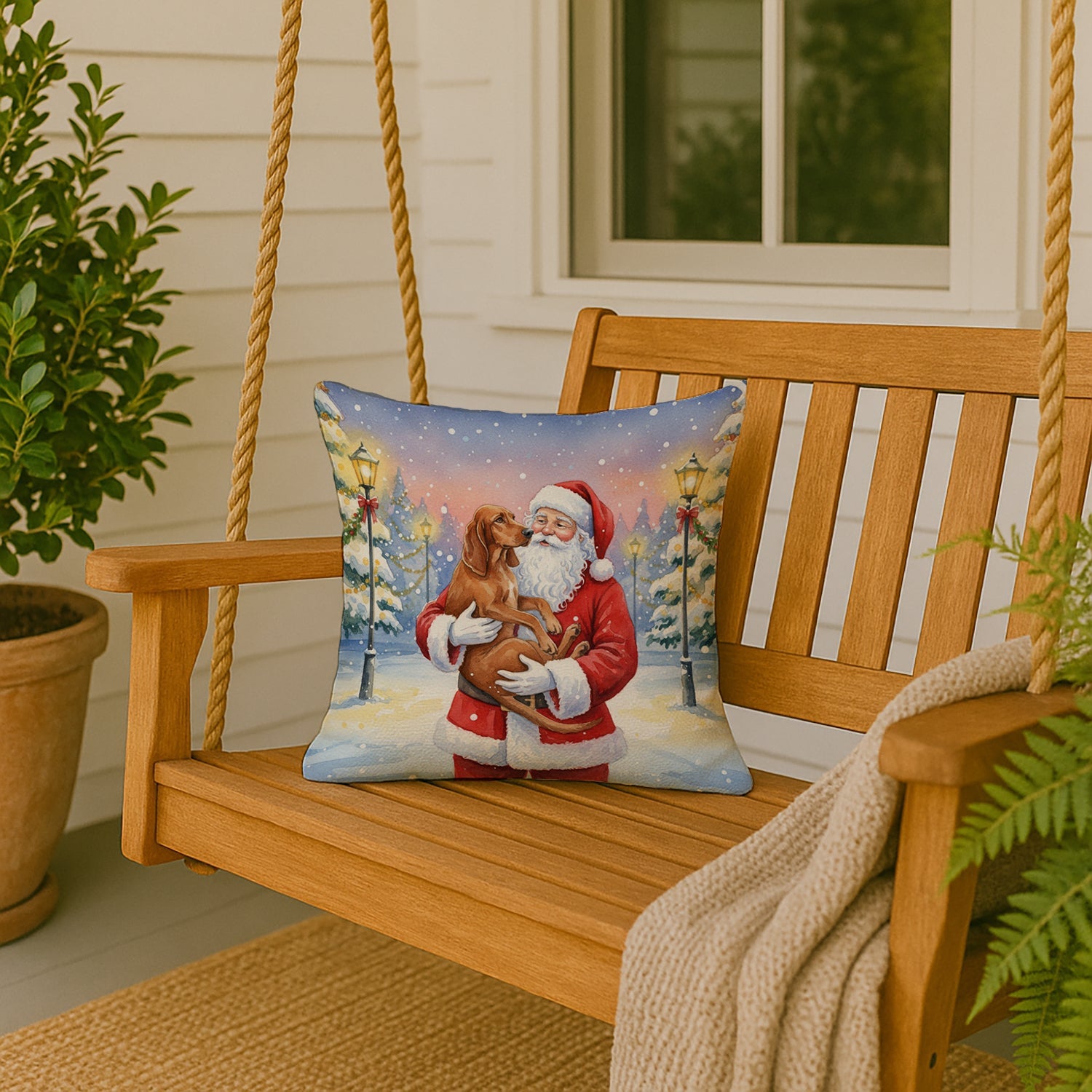 Redbone Coonhound with Santa Claus Decorative Throw Pillow 18x18 Indoor Outdoor Accent Cushion, Fabric Cover with Insert for Sofa, Bed, Porch & Living Room