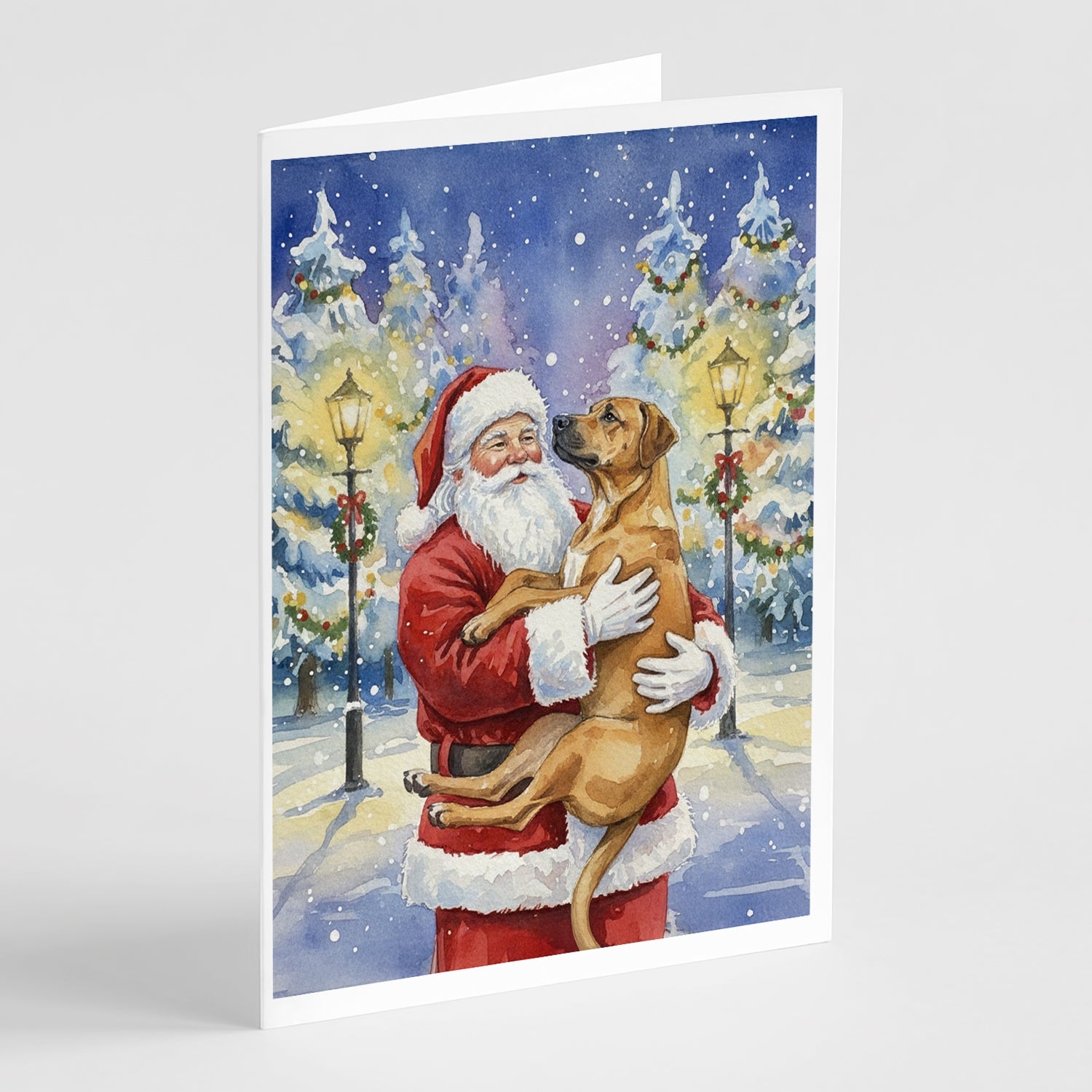 Rhodesian Ridgeback with Santa Claus Greeting Cards Pack of 8 Blank Cards with Envelopes Whimsical A7 Size 5x7