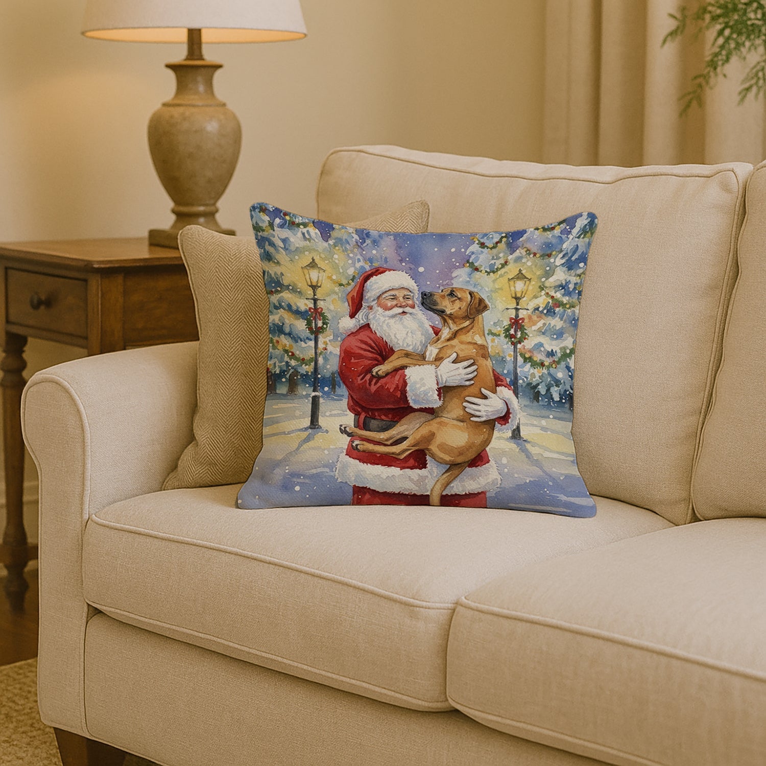 Rhodesian Ridgeback with Santa Claus Decorative Throw Pillow 14x14 Indoor Outdoor Accent Cushion, Fabric Cover with Insert for Sofa, Bed, Porch & Living Room