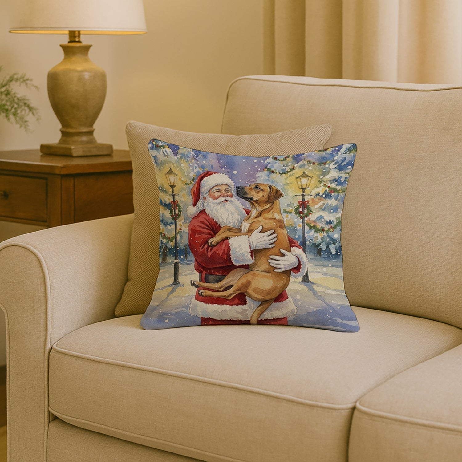 Rhodesian Ridgeback with Santa Claus Decorative Throw Pillow 18x18 Indoor Outdoor Accent Cushion, Fabric Cover with Insert for Sofa, Bed, Porch & Living Room