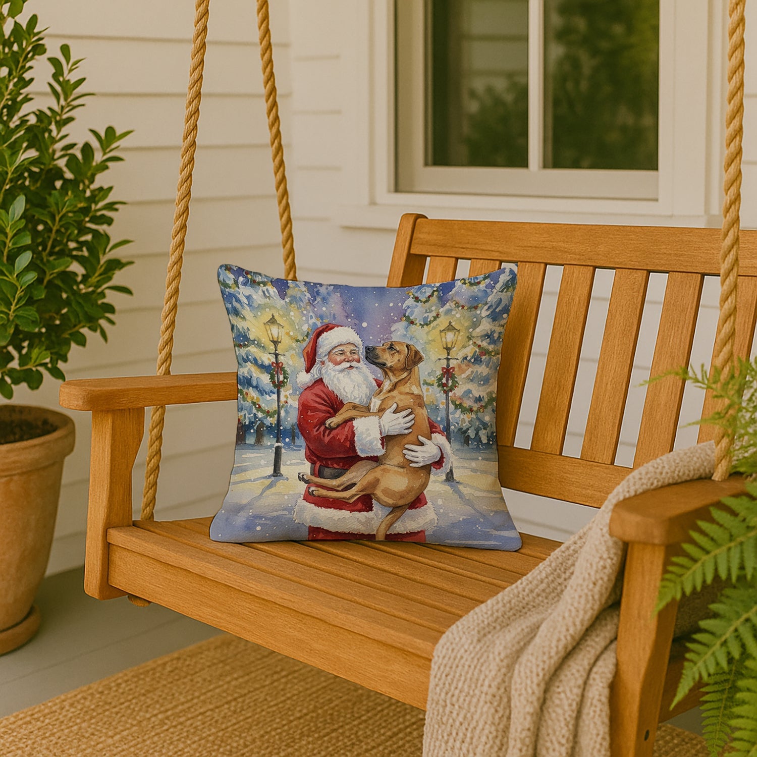 Rhodesian Ridgeback with Santa Claus Decorative Throw Pillow 18x18 Indoor Outdoor Accent Cushion, Fabric Cover with Insert for Sofa, Bed, Porch & Living Room