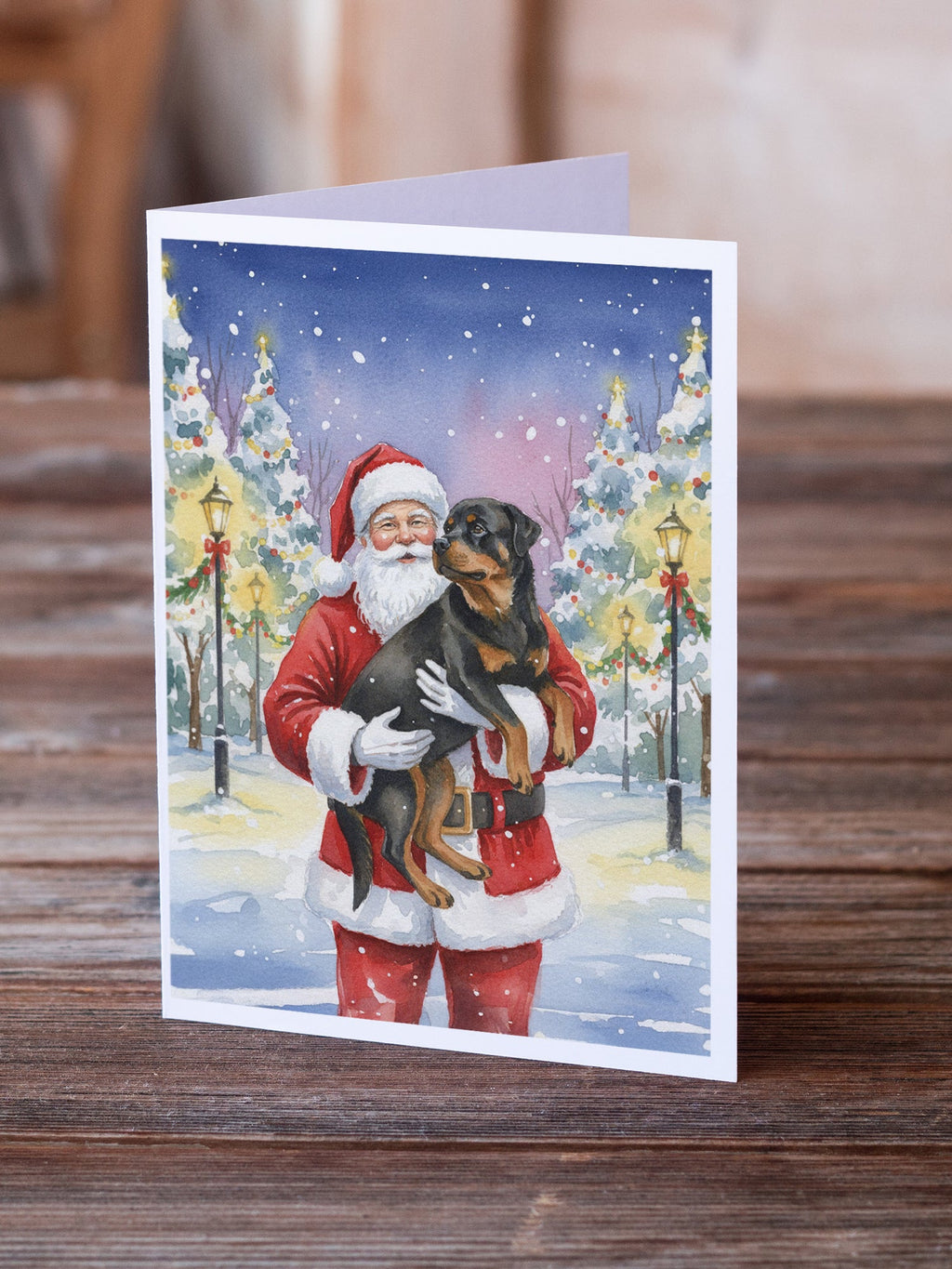 Rottweiler with Santa Claus Greeting Cards Pack of 8 Blank Cards with Envelopes Whimsical A7 Size 5x7
