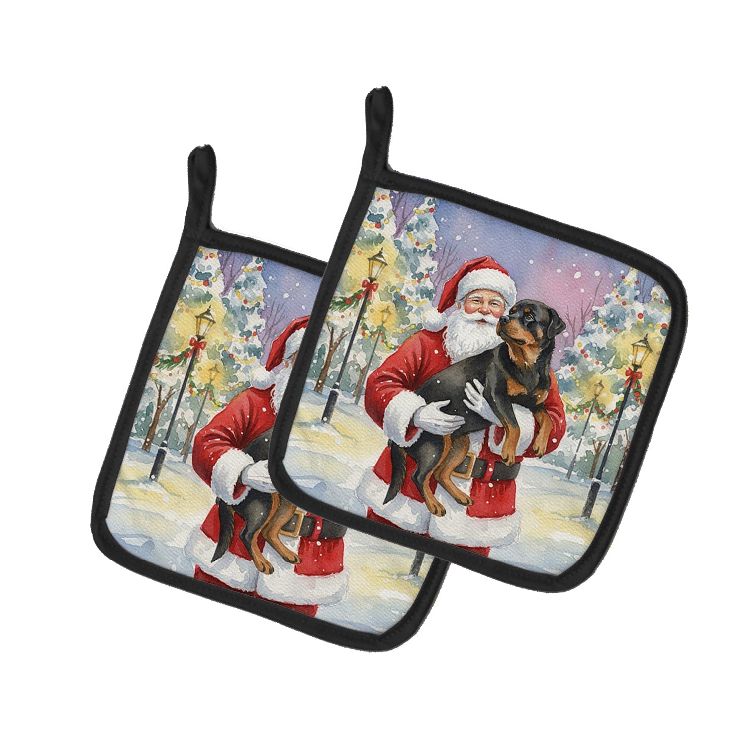 Rottweiler with Santa Claus Pot Holder Set of 2 Heat Resistant Quilted Hot Pads 7.5 x 7.5 Inch, Insulated Kitchen Trivets for Cooking & Baking