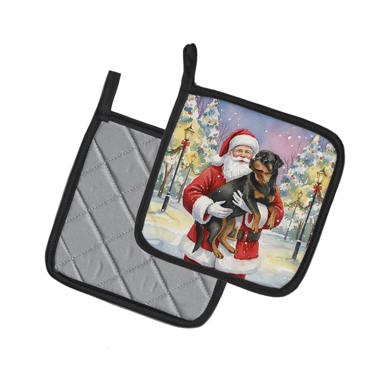 Rottweiler with Santa Claus Pot Holder Set of 2 Heat Resistant Quilted Hot Pads 7.5 x 7.5 Inch, Insulated Kitchen Trivets for Cooking & Baking