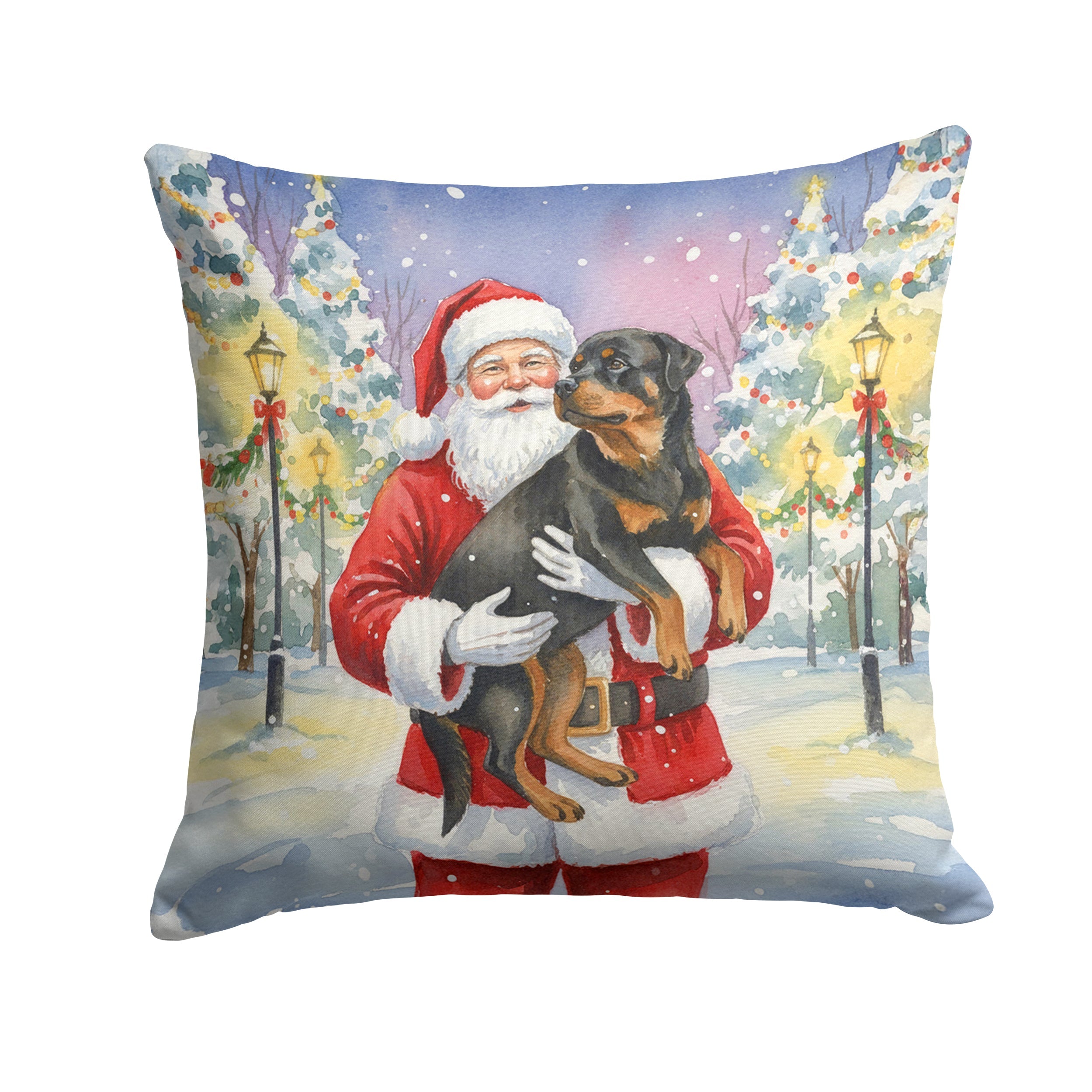 Rottweiler with Santa Claus Decorative Throw Pillow 14x14 Indoor Outdoor Accent Cushion, Fabric Cover with Insert for Sofa, Bed, Porch & Living Room