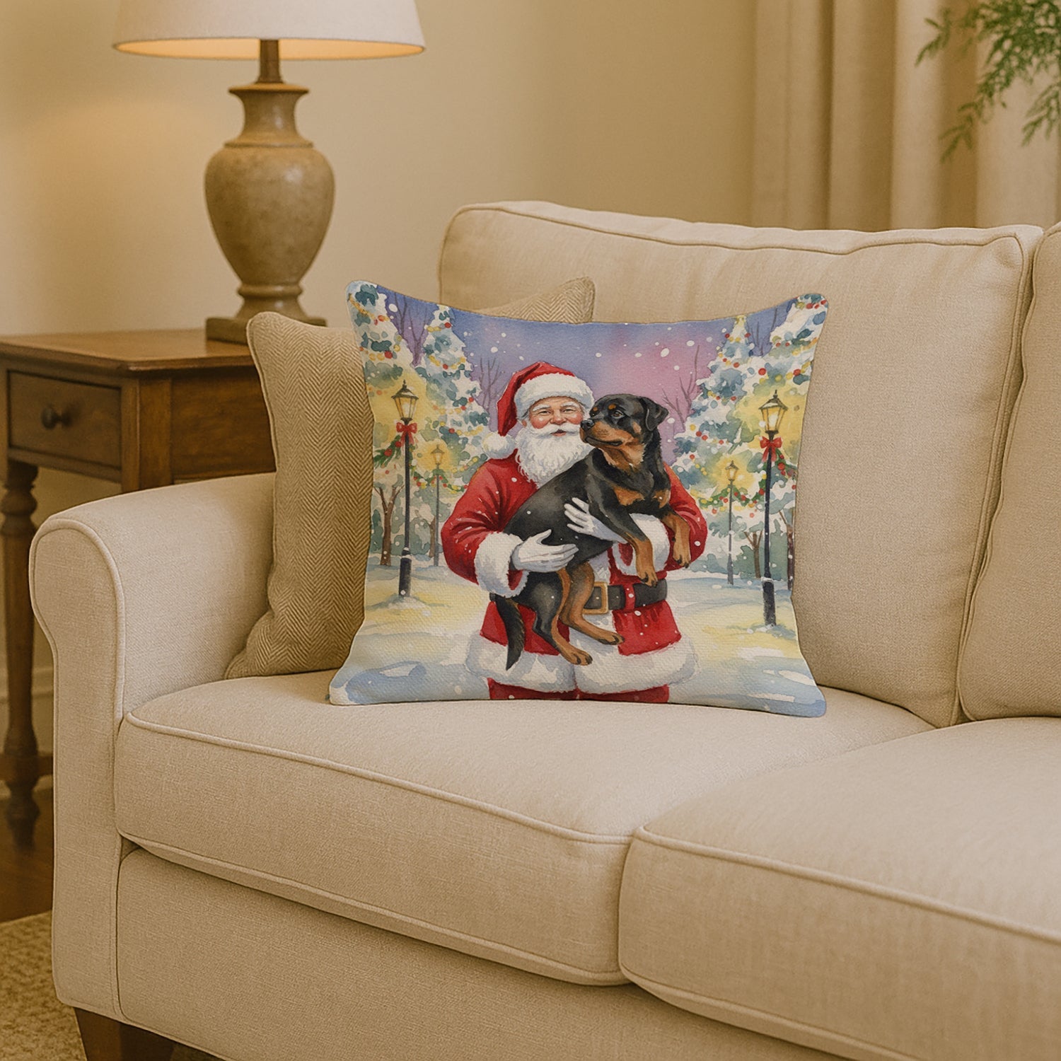 Rottweiler with Santa Claus Decorative Throw Pillow 14x14 Indoor Outdoor Accent Cushion, Fabric Cover with Insert for Sofa, Bed, Porch & Living Room