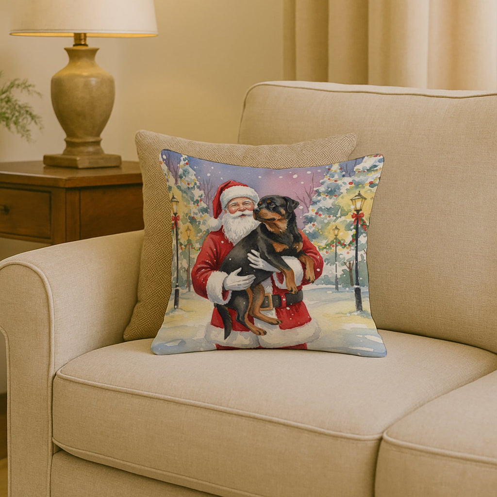 Rottweiler with Santa Claus Decorative Throw Pillow 18x18 Indoor Outdoor Accent Cushion, Fabric Cover with Insert for Sofa, Bed, Porch & Living Room