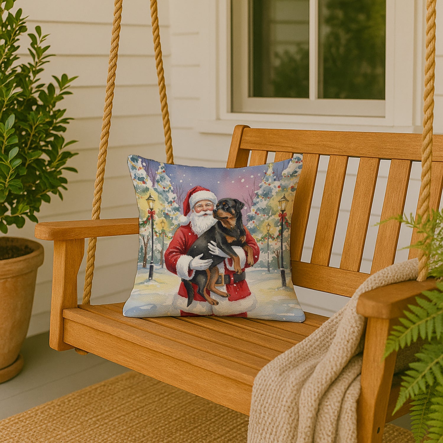 Rottweiler with Santa Claus Decorative Throw Pillow 18x18 Indoor Outdoor Accent Cushion, Fabric Cover with Insert for Sofa, Bed, Porch & Living Room