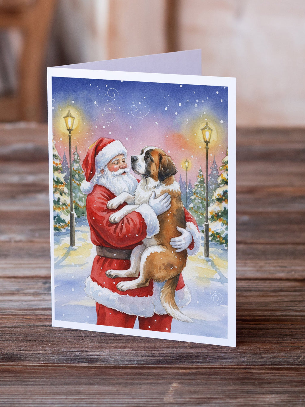 Saint Bernard with Santa Claus Greeting Cards Pack of 8 Blank Cards with Envelopes Whimsical A7 Size 5x7