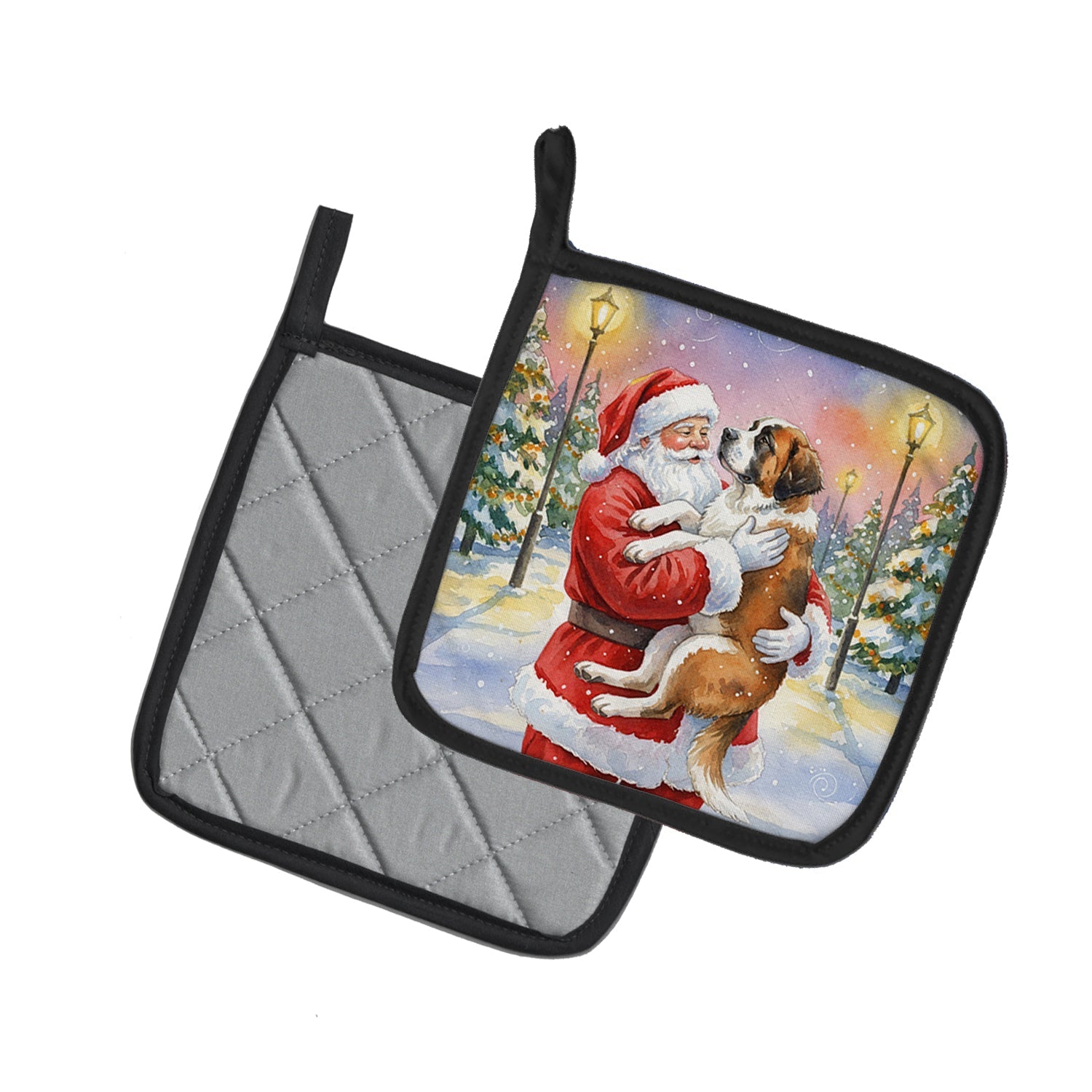 Saint Bernard with Santa Claus Pot Holder Set of 2 Heat Resistant Quilted Hot Pads 7.5 x 7.5 Inch, Insulated Kitchen Trivets for Cooking & Baking