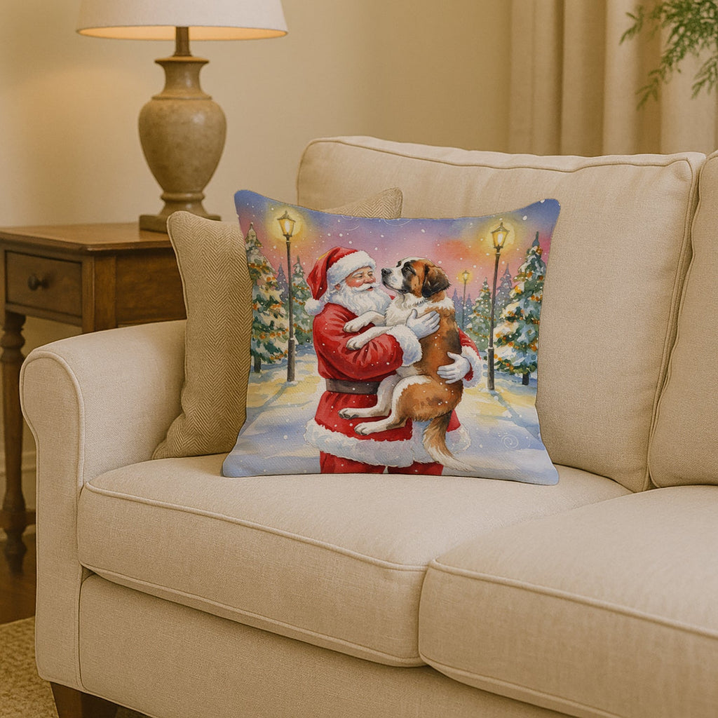 Saint Bernard with Santa Claus Decorative Throw Pillow 14x14 Indoor Outdoor Accent Cushion, Fabric Cover with Insert for Sofa, Bed, Porch & Living Room