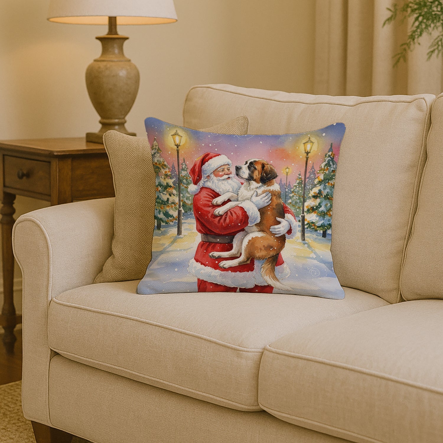 Saint Bernard with Santa Claus Decorative Throw Pillow 14x14 Indoor Outdoor Accent Cushion, Fabric Cover with Insert for Sofa, Bed, Porch & Living Room