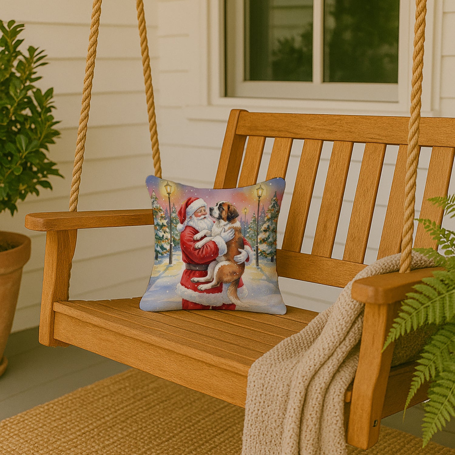 Saint Bernard with Santa Claus Decorative Throw Pillow 14x14 Indoor Outdoor Accent Cushion, Fabric Cover with Insert for Sofa, Bed, Porch & Living Room