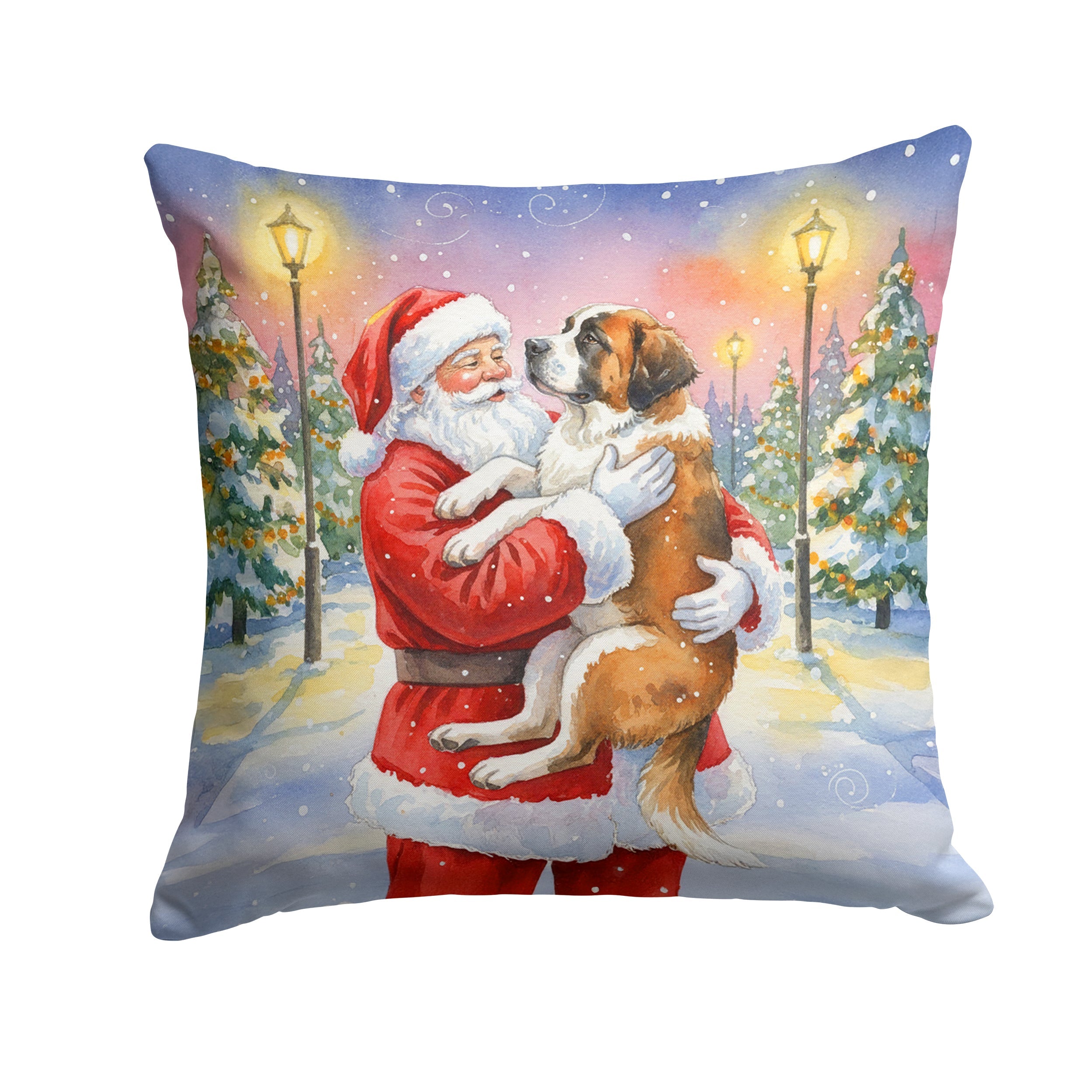 Saint Bernard with Santa Claus Decorative Throw Pillow 18x18 Indoor Outdoor Accent Cushion, Fabric Cover with Insert for Sofa, Bed, Porch & Living Room