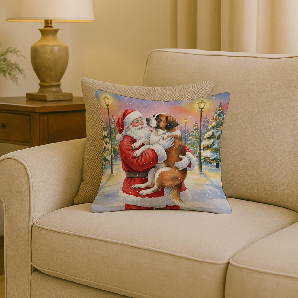 Saint Bernard with Santa Claus Decorative Throw Pillow 18x18 Indoor Outdoor Accent Cushion, Fabric Cover with Insert for Sofa, Bed, Porch & Living Room