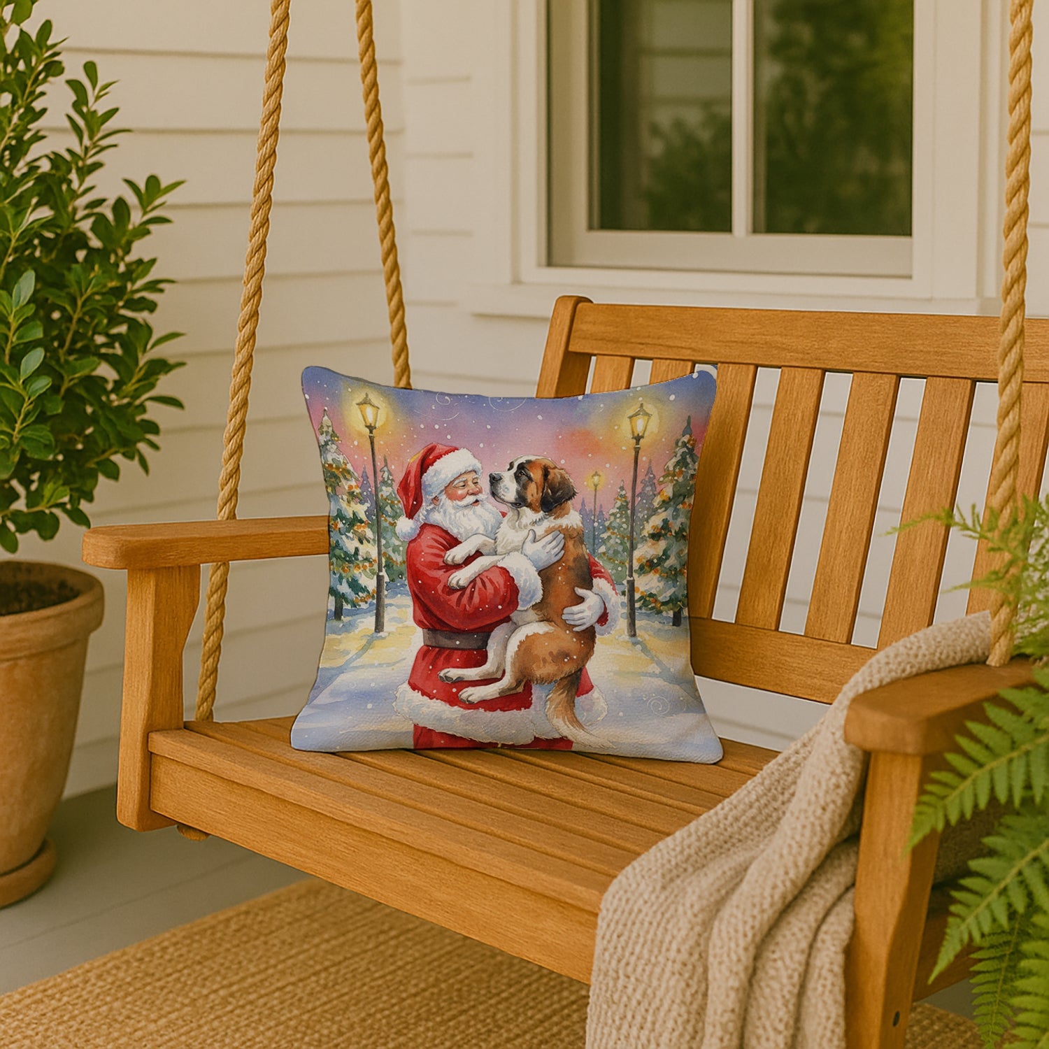 Saint Bernard with Santa Claus Decorative Throw Pillow 18x18 Indoor Outdoor Accent Cushion, Fabric Cover with Insert for Sofa, Bed, Porch & Living Room