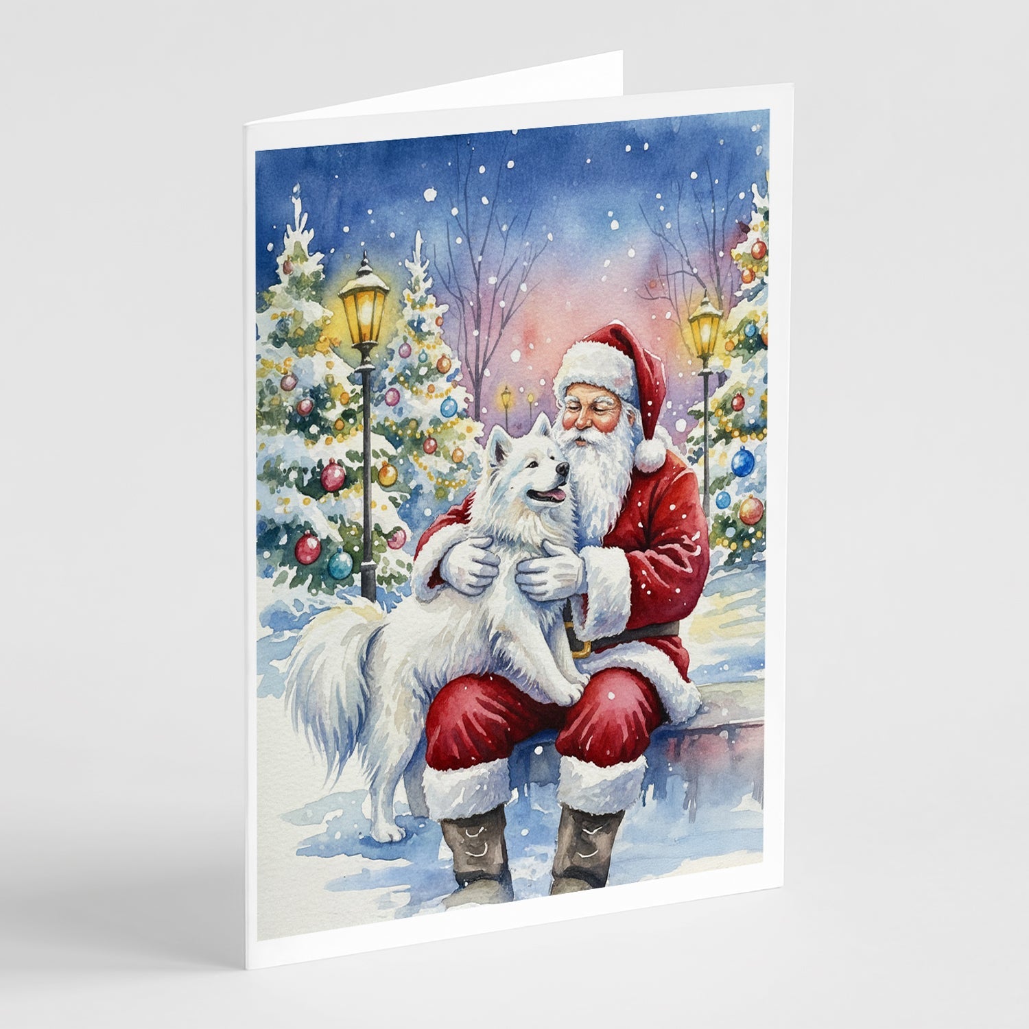 Samoyed with Santa Claus Greeting Cards Pack of 8 Blank Cards with Envelopes Whimsical A7 Size 5x7