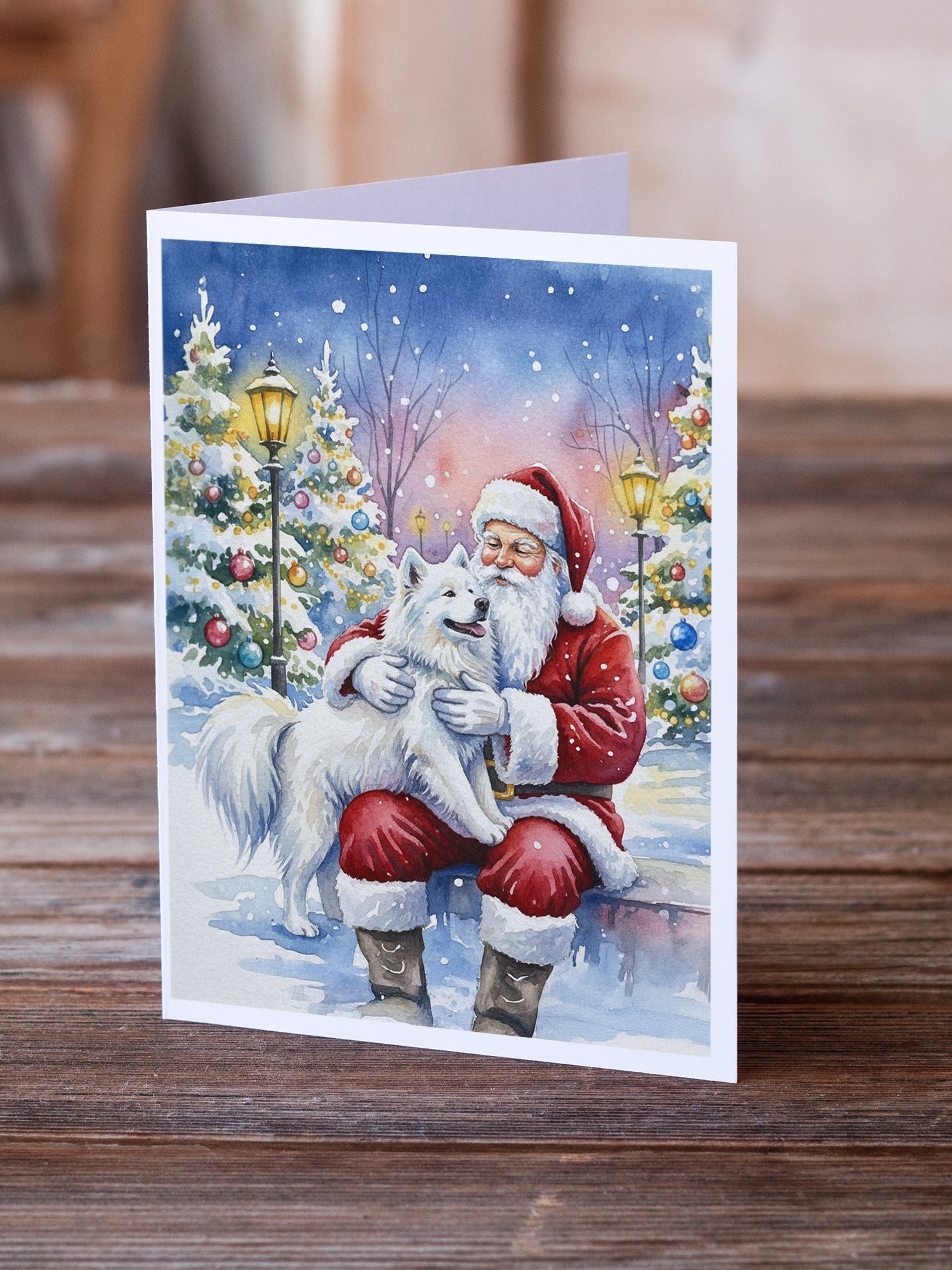 Samoyed with Santa Claus Greeting Cards Pack of 8 Blank Cards with Envelopes Whimsical A7 Size 5x7