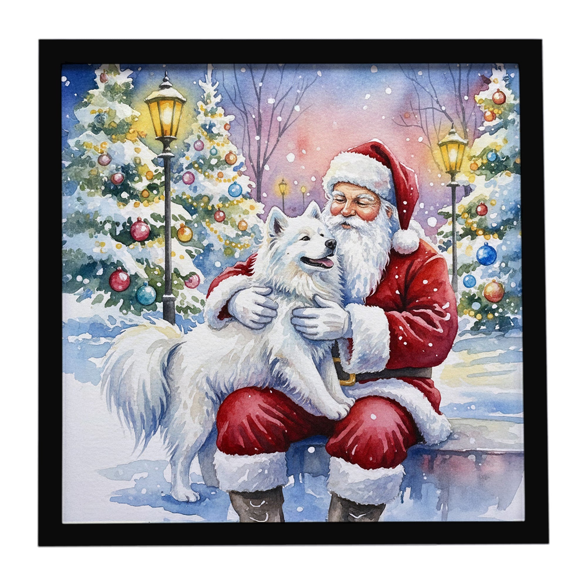 Samoyed with Santa Claus Framed Metal Print Bathroom, Kitchen, Office, Home Decor Wall Art Ready to Hang, Square, 8X8