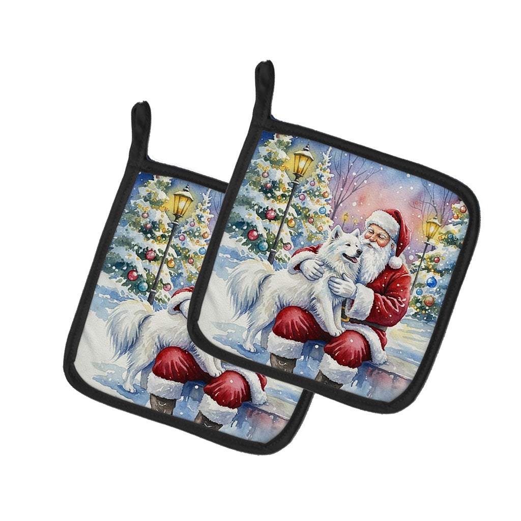 Samoyed with Santa Claus Pot Holder Set of 2 Heat Resistant Quilted Hot Pads 7.5 x 7.5 Inch, Insulated Kitchen Trivets for Cooking & Baking