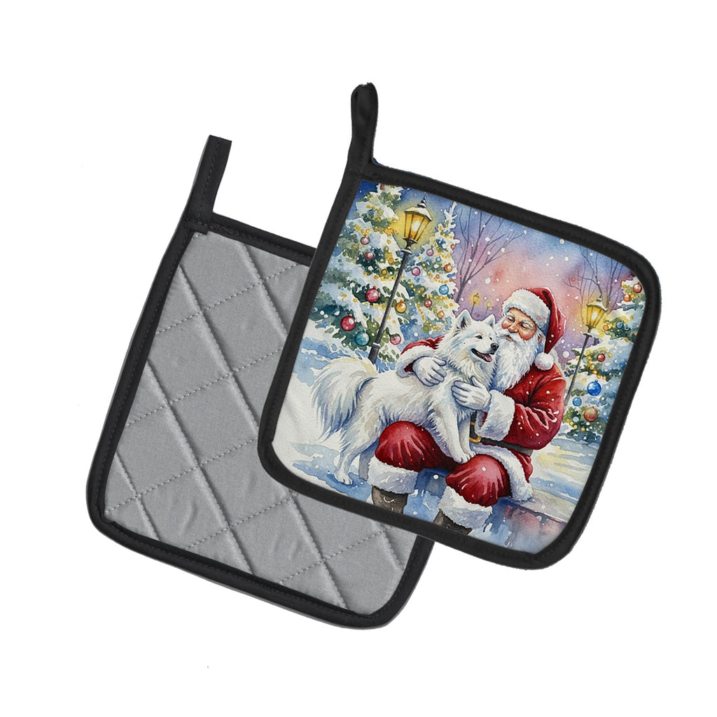 Samoyed with Santa Claus Pot Holder Set of 2 Heat Resistant Quilted Hot Pads 7.5 x 7.5 Inch, Insulated Kitchen Trivets for Cooking & Baking