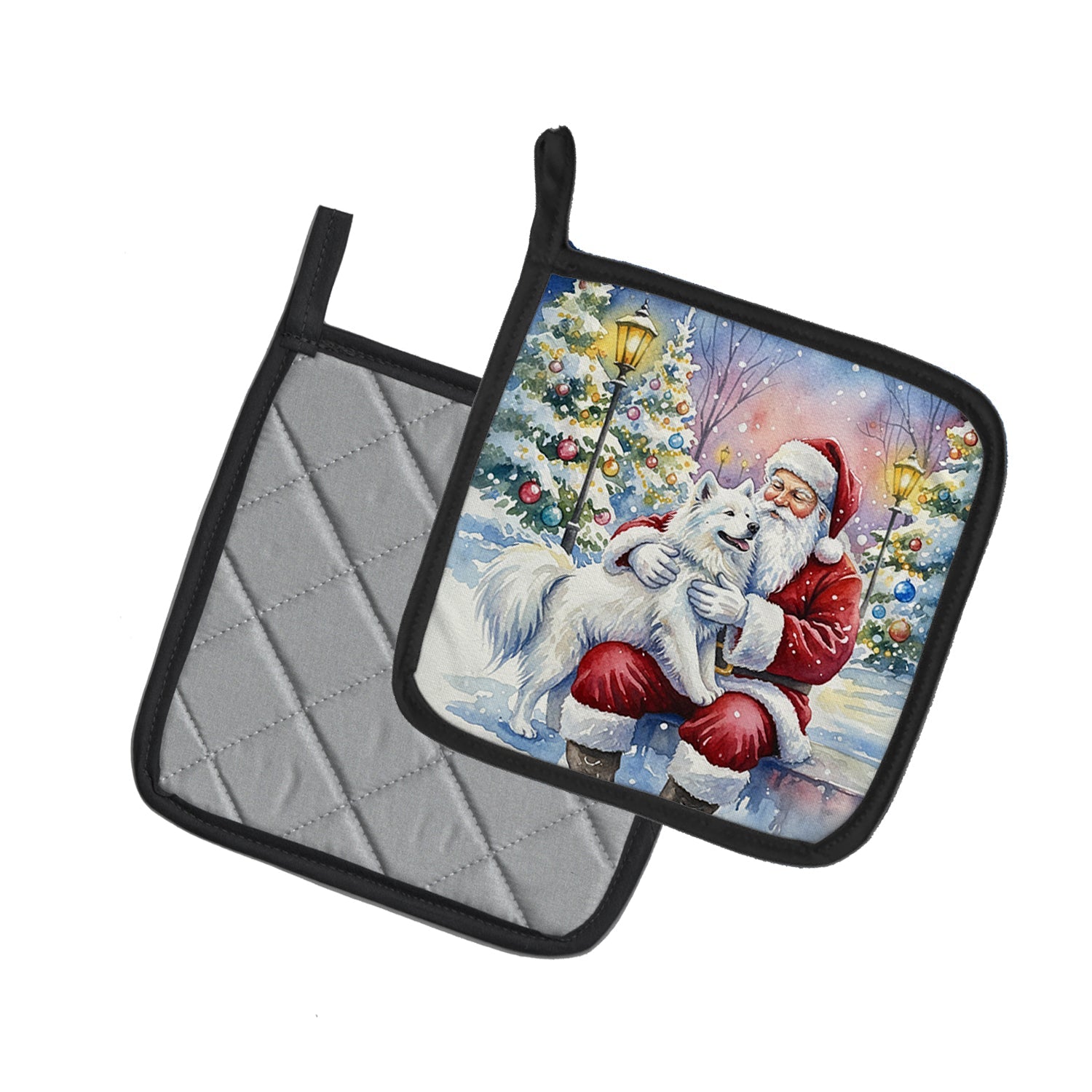 Samoyed with Santa Claus Pot Holder Set of 2 Heat Resistant Quilted Hot Pads 7.5 x 7.5 Inch, Insulated Kitchen Trivets for Cooking & Baking