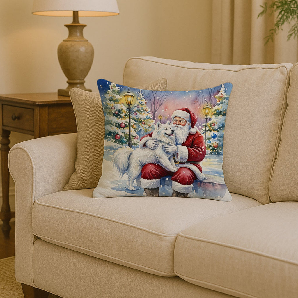 Samoyed with Santa Claus Decorative Throw Pillow 14x14 Indoor Outdoor Accent Cushion, Fabric Cover with Insert for Sofa, Bed, Porch & Living Room
