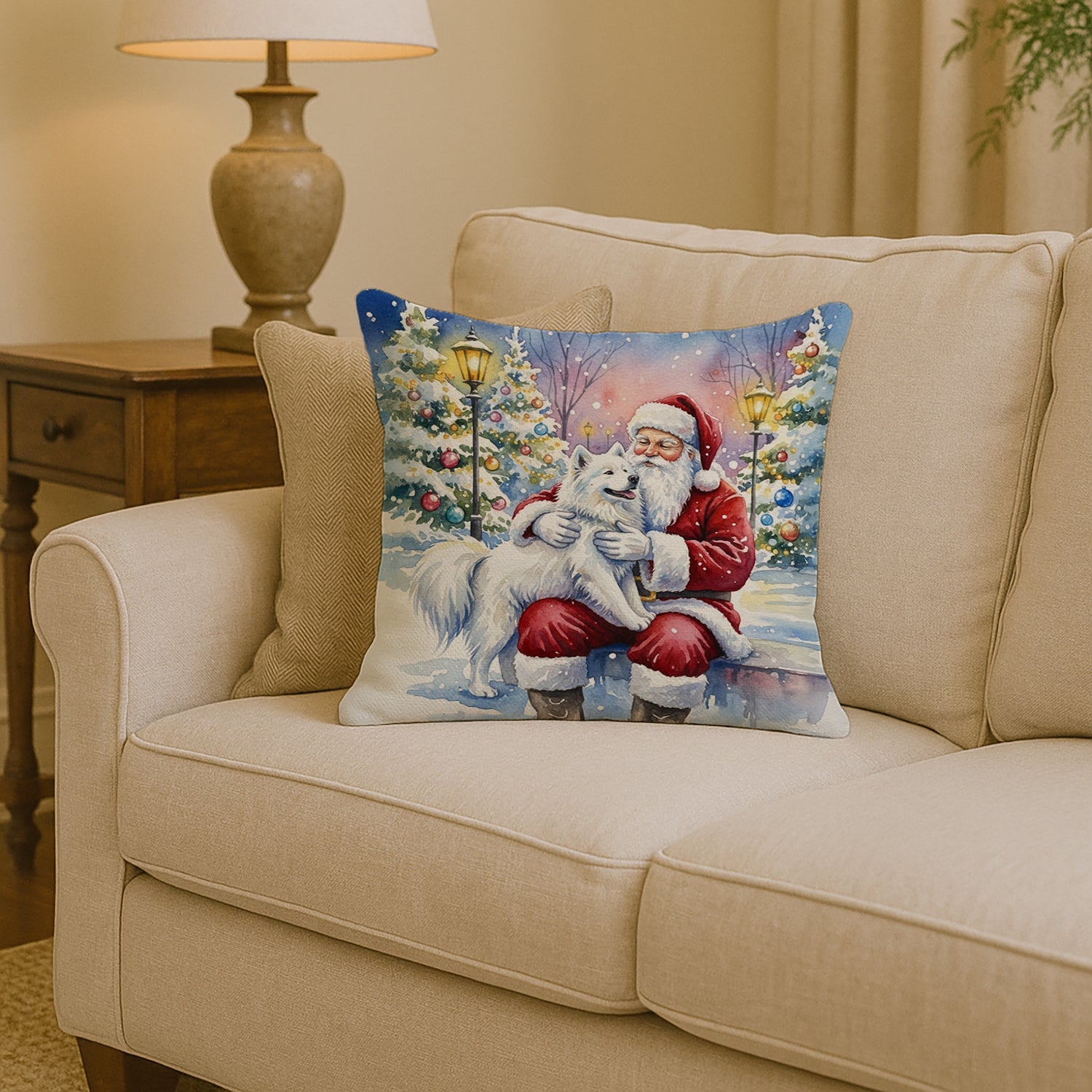 Samoyed with Santa Claus Decorative Throw Pillow 14x14 Indoor Outdoor Accent Cushion, Fabric Cover with Insert for Sofa, Bed, Porch & Living Room
