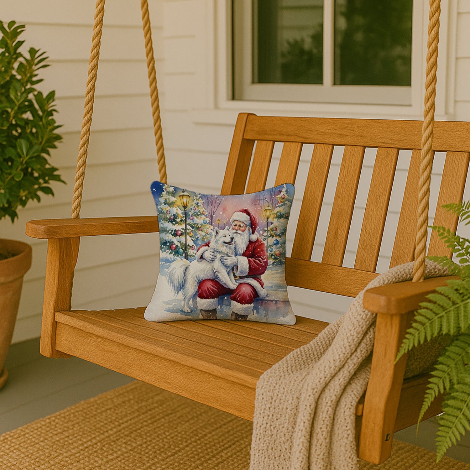 Samoyed with Santa Claus Decorative Throw Pillow 14x14 Indoor Outdoor Accent Cushion, Fabric Cover with Insert for Sofa, Bed, Porch & Living Room
