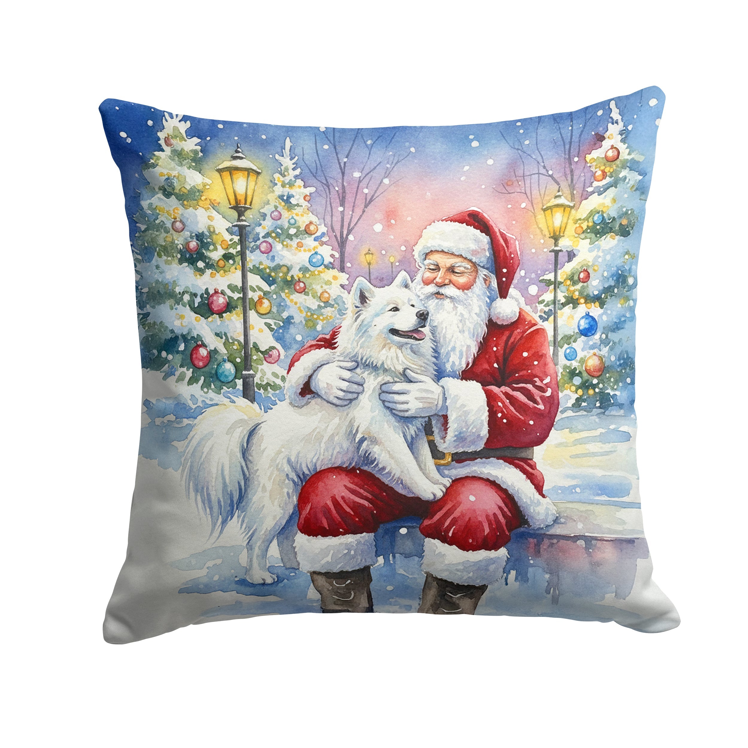 Samoyed with Santa Claus Decorative Throw Pillow 18x18 Indoor Outdoor Accent Cushion, Fabric Cover with Insert for Sofa, Bed, Porch & Living Room