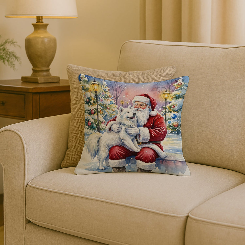 Samoyed with Santa Claus Decorative Throw Pillow 18x18 Indoor Outdoor Accent Cushion, Fabric Cover with Insert for Sofa, Bed, Porch & Living Room