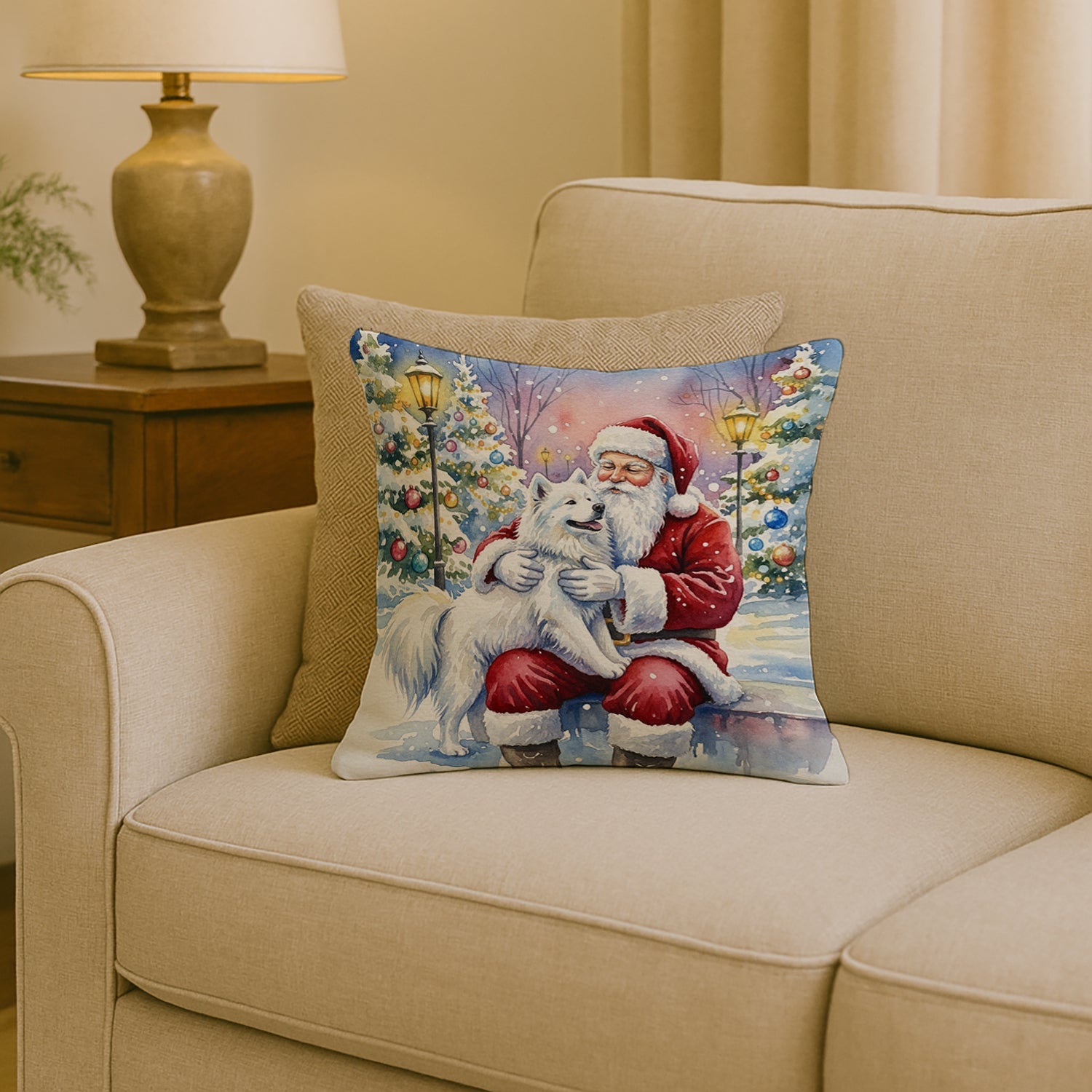 Samoyed with Santa Claus Decorative Throw Pillow 18x18 Indoor Outdoor Accent Cushion, Fabric Cover with Insert for Sofa, Bed, Porch & Living Room