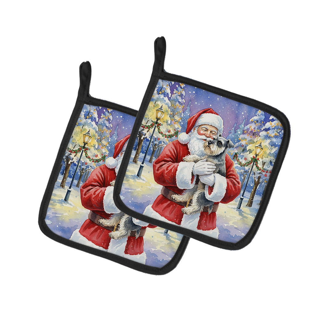 Schnauzer with Santa Claus Pot Holder Set of 2 Heat Resistant Quilted Hot Pads 7.5 x 7.5 Inch, Insulated Kitchen Trivets for Cooking & Baking