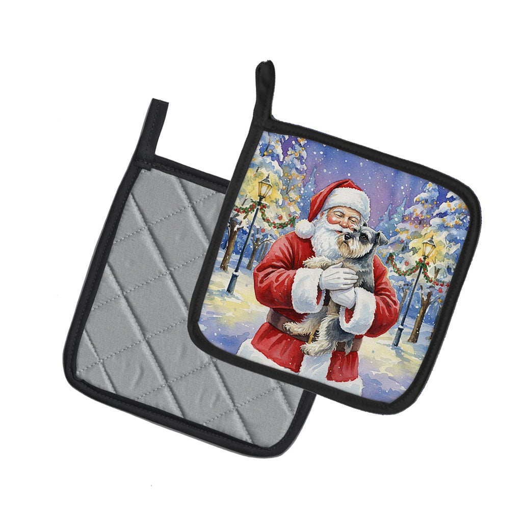 Schnauzer with Santa Claus Pot Holder Set of 2 Heat Resistant Quilted Hot Pads 7.5 x 7.5 Inch, Insulated Kitchen Trivets for Cooking & Baking