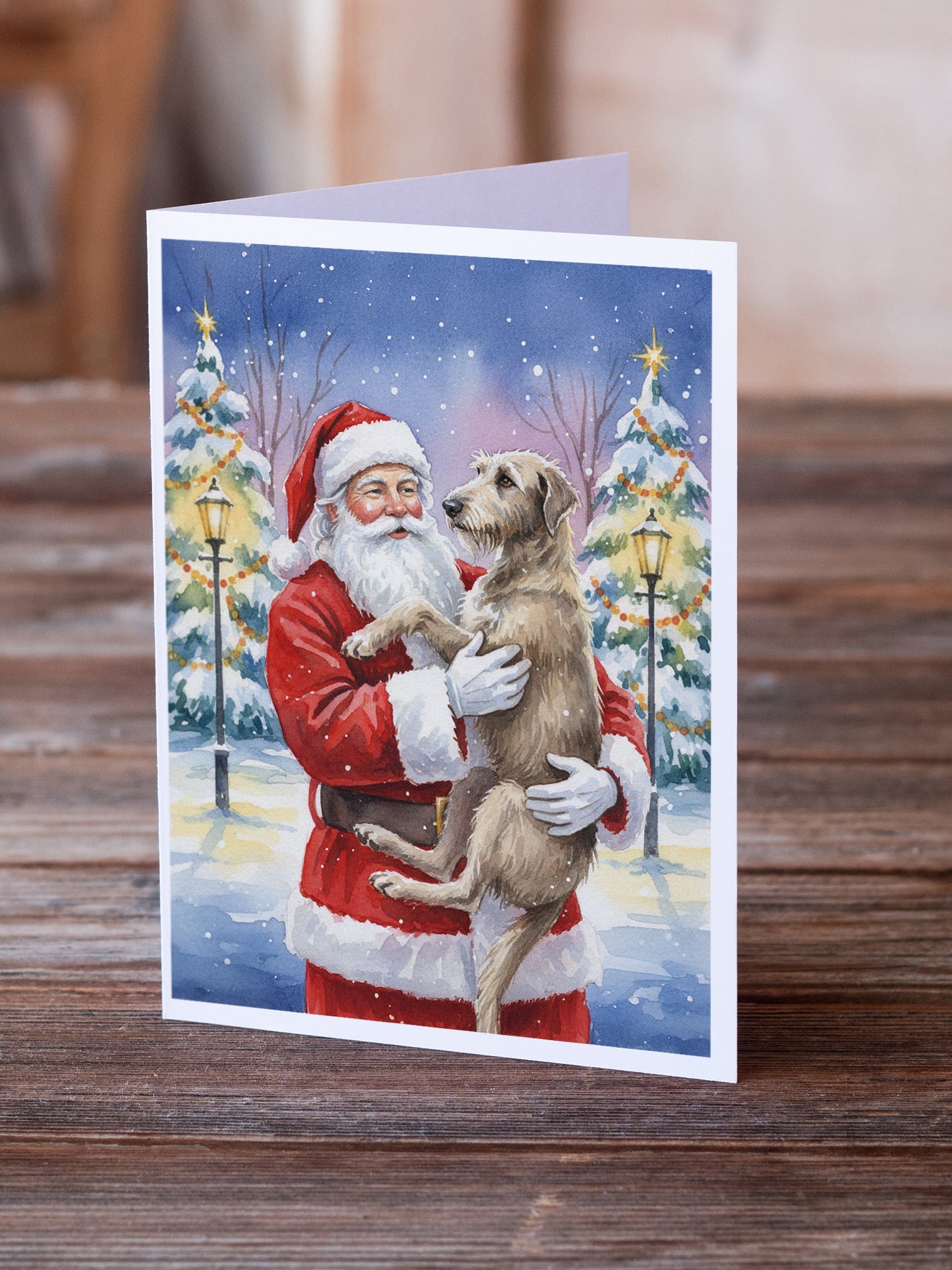 Scottish Deerhound with Santa Claus Greeting Cards Pack of 8 Blank Cards with Envelopes Whimsical A7 Size 5x7