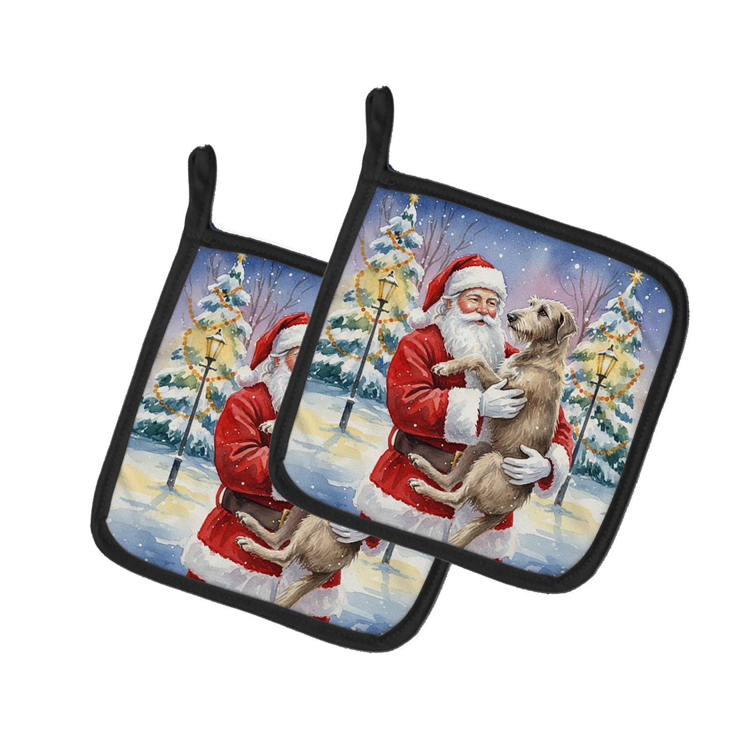 Scottish Deerhound with Santa Claus Pot Holder Set of 2 Heat Resistant Quilted Hot Pads 7.5 x 7.5 Inch, Insulated Kitchen Trivets for Cooking & Baking