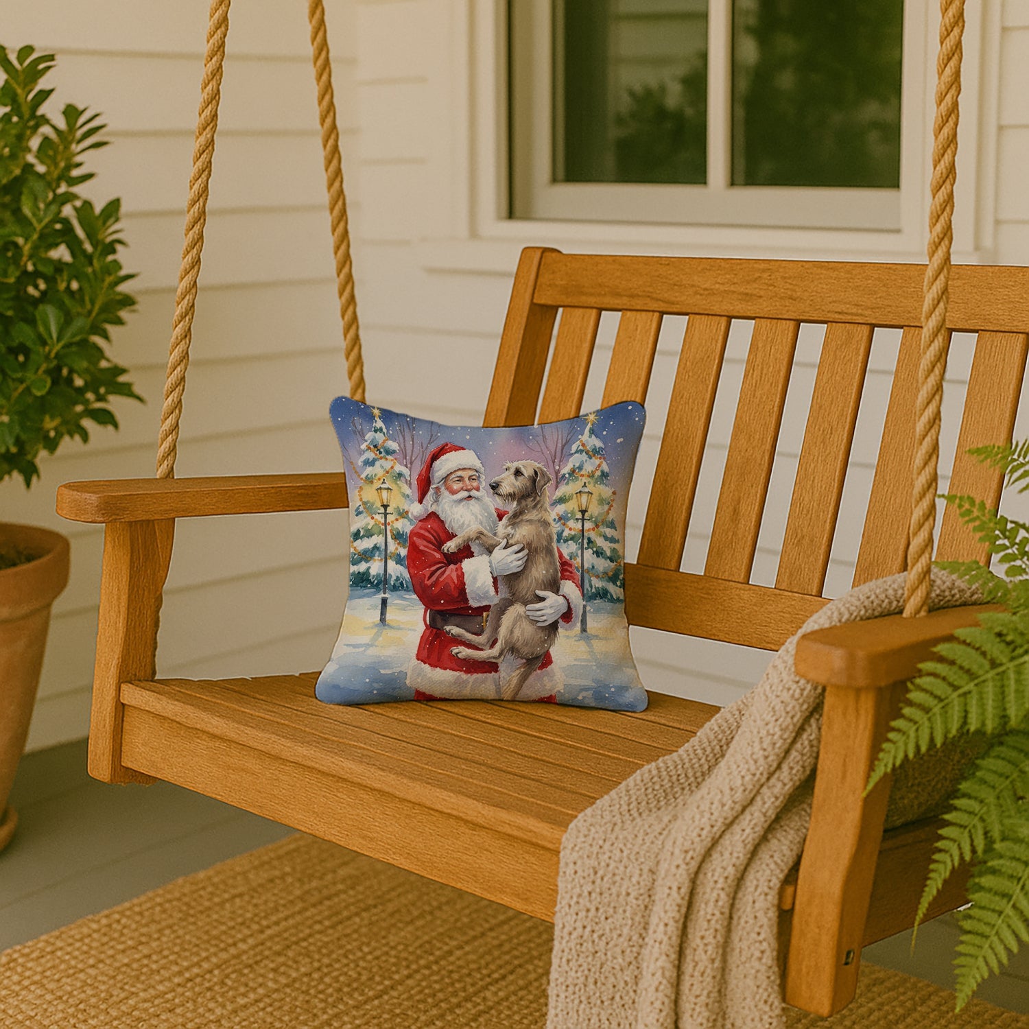 Scottish Deerhound with Santa Claus Decorative Throw Pillow 14x14 Indoor Outdoor Accent Cushion, Fabric Cover with Insert for Sofa, Bed, Porch & Living Room