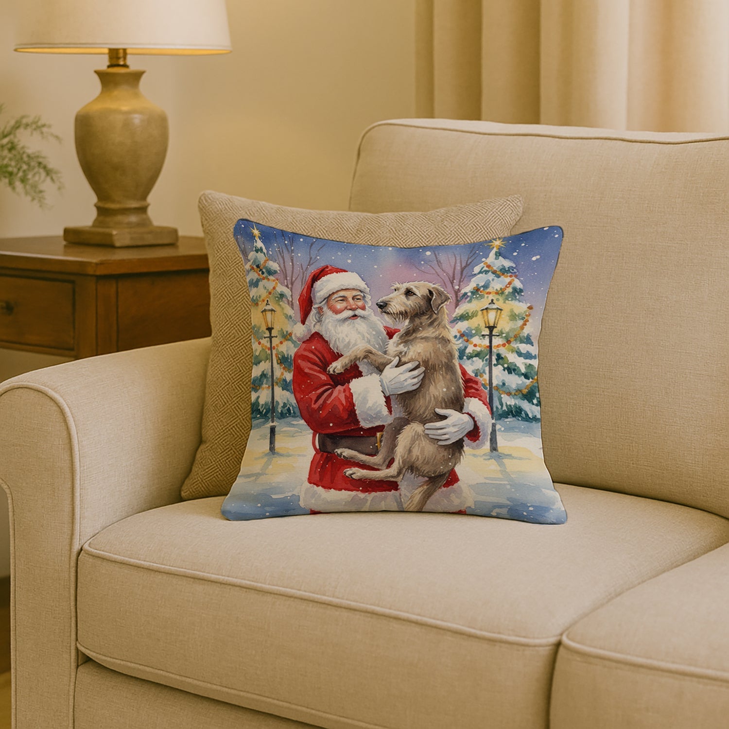 Scottish Deerhound with Santa Claus Decorative Throw Pillow 18x18 Indoor Outdoor Accent Cushion, Fabric Cover with Insert for Sofa, Bed, Porch & Living Room