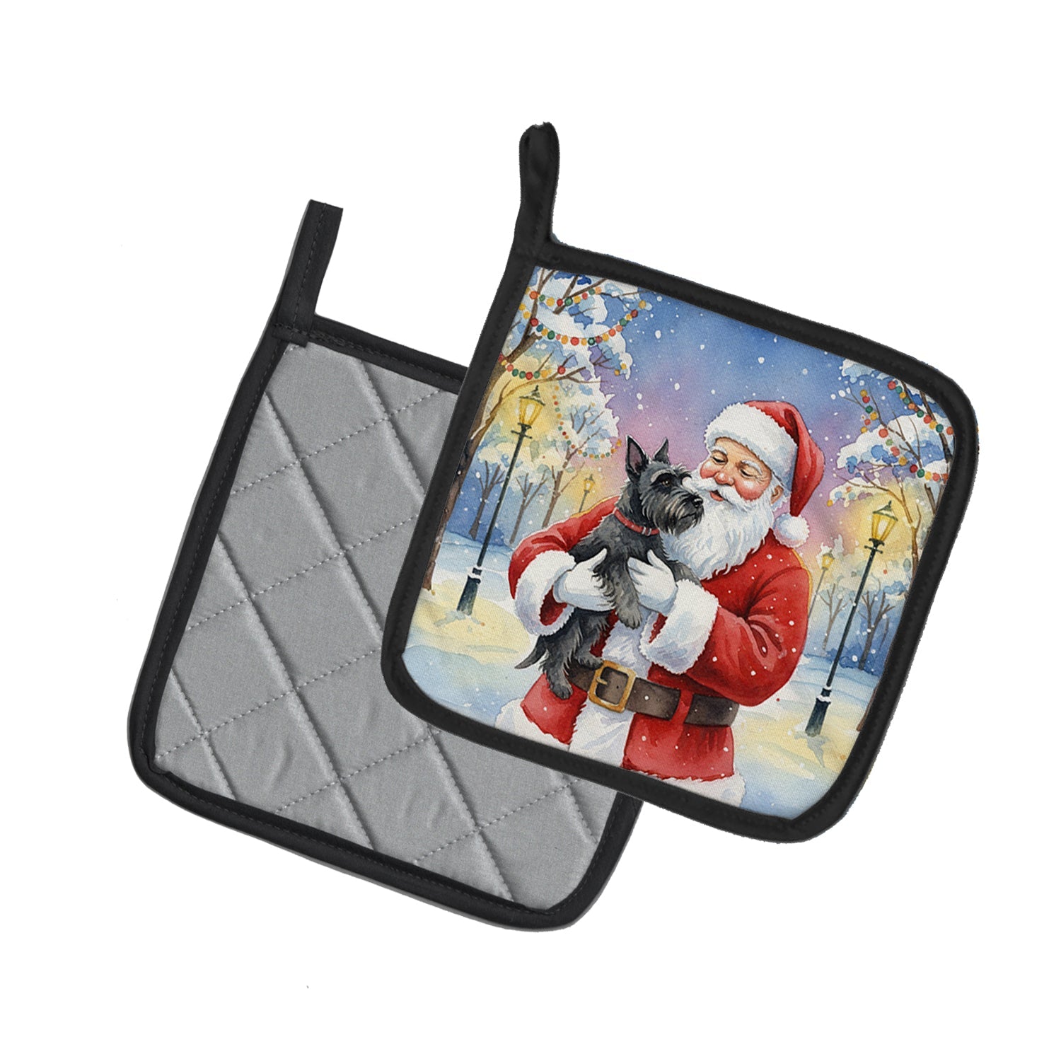 Scottish Terrier with Santa Claus Pot Holder Set of 2 Heat Resistant Quilted Hot Pads 7.5 x 7.5 Inch, Insulated Kitchen Trivets for Cooking & Baking