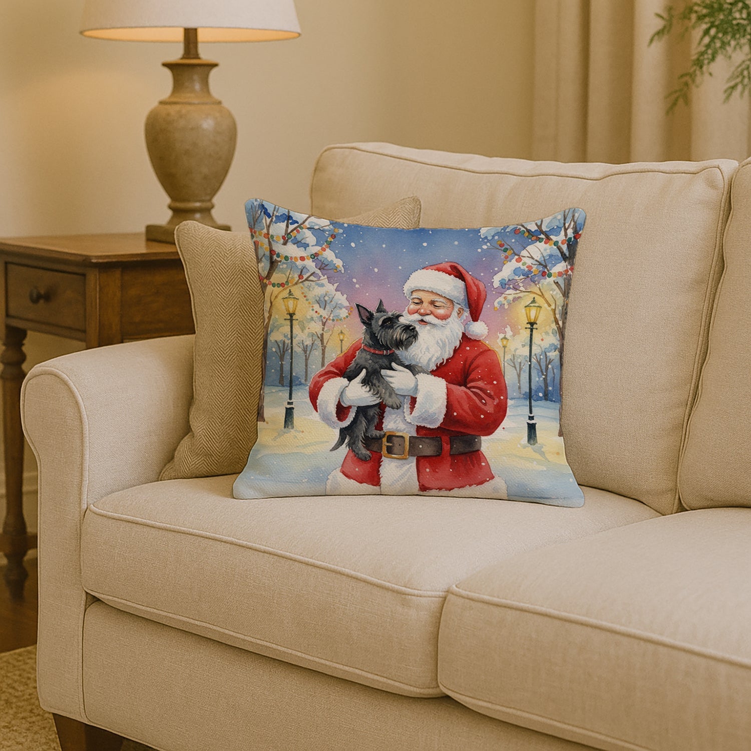 Scottish Terrier with Santa Claus Decorative Throw Pillow 14x14 Indoor Outdoor Accent Cushion, Fabric Cover with Insert for Sofa, Bed, Porch & Living Room