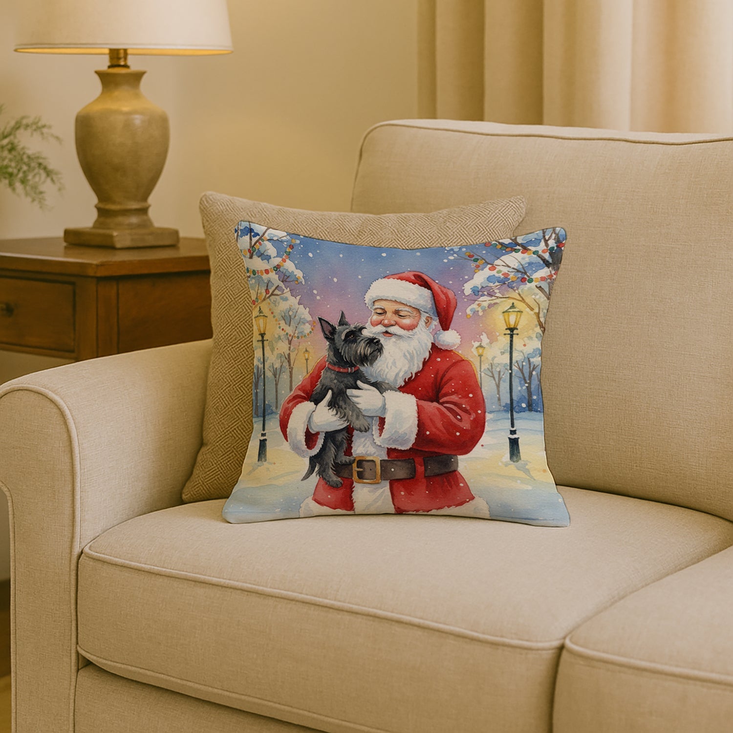 Scottish Terrier with Santa Claus Decorative Throw Pillow 18x18 Indoor Outdoor Accent Cushion, Fabric Cover with Insert for Sofa, Bed, Porch & Living Room