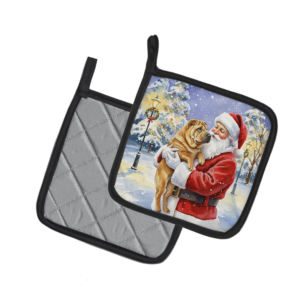 Shar Pei with Santa Claus Pot Holder Set of 2 Heat Resistant Quilted Hot Pads 7.5 x 7.5 Inch, Insulated Kitchen Trivets for Cooking & Baking