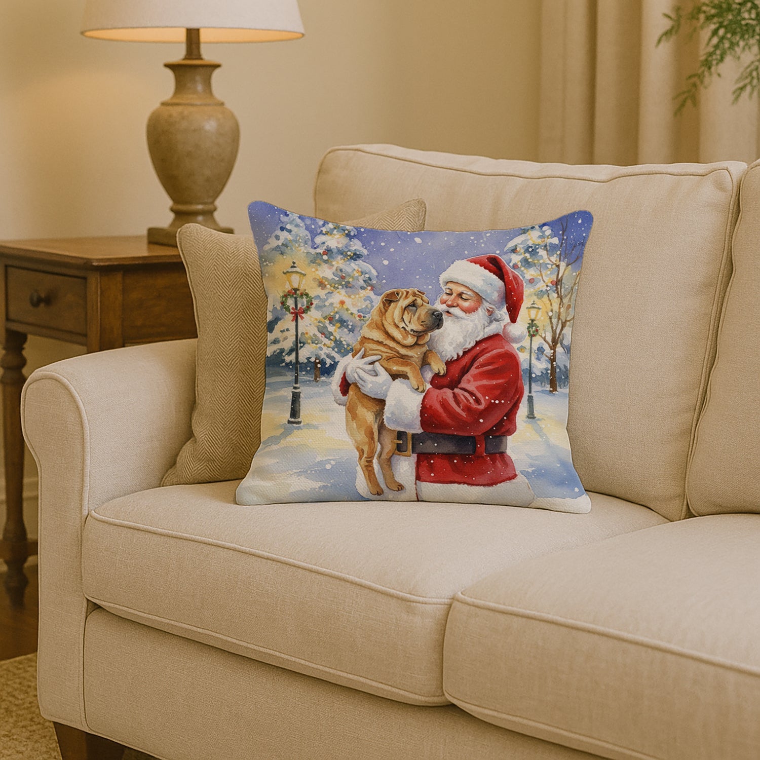 Shar Pei with Santa Claus Decorative Throw Pillow 14x14 Indoor Outdoor Accent Cushion, Fabric Cover with Insert for Sofa, Bed, Porch & Living Room