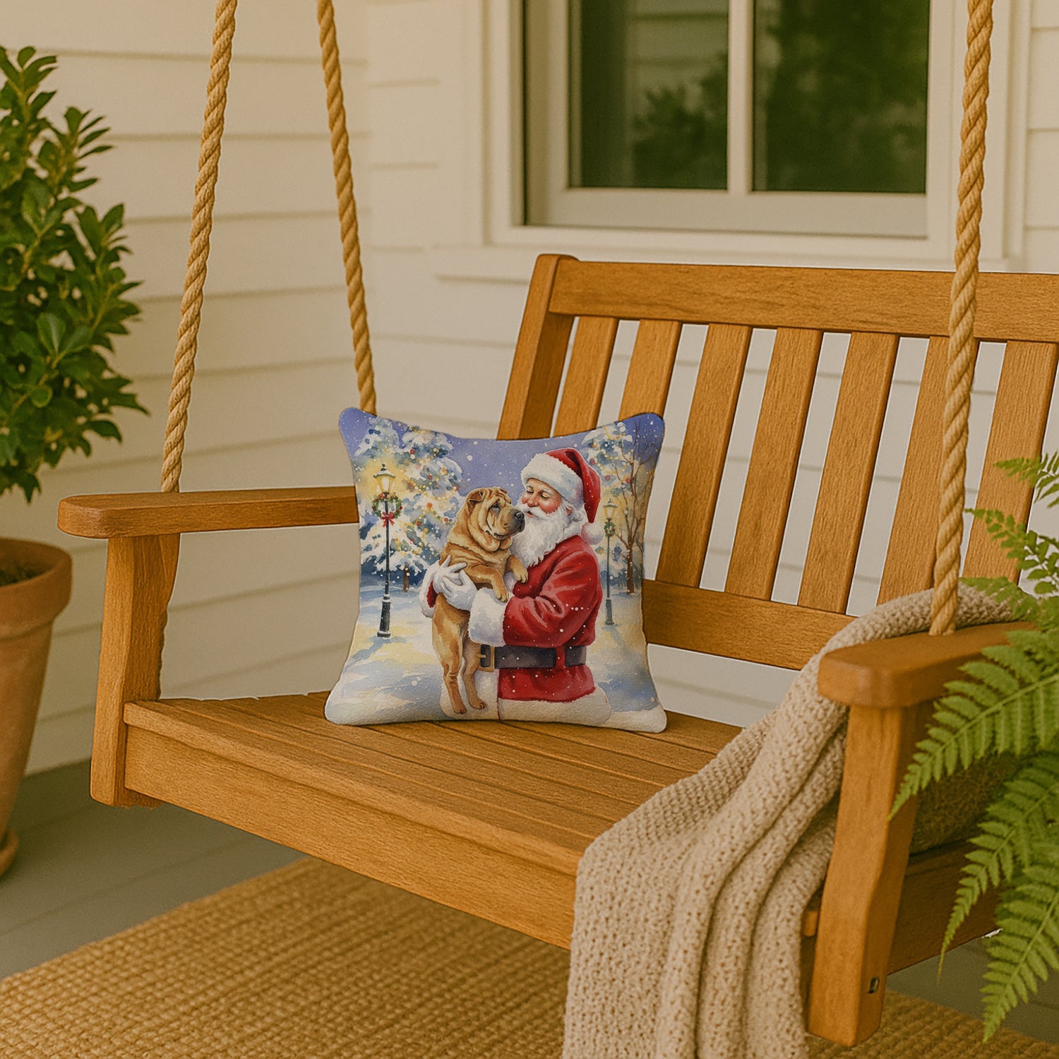 Shar Pei with Santa Claus Decorative Throw Pillow 14x14 Indoor Outdoor Accent Cushion, Fabric Cover with Insert for Sofa, Bed, Porch & Living Room