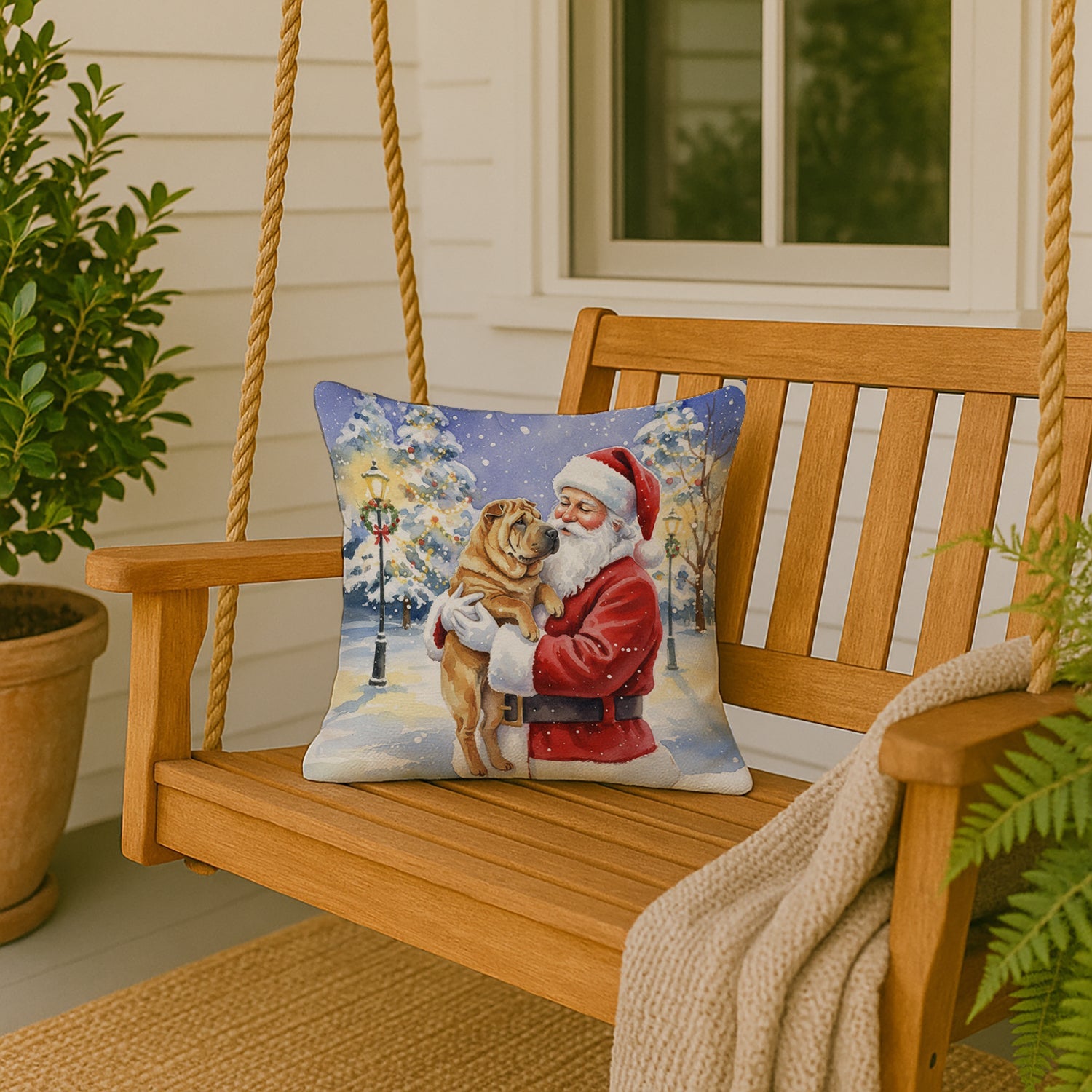 Shar Pei with Santa Claus Decorative Throw Pillow 18x18 Indoor Outdoor Accent Cushion, Fabric Cover with Insert for Sofa, Bed, Porch & Living Room