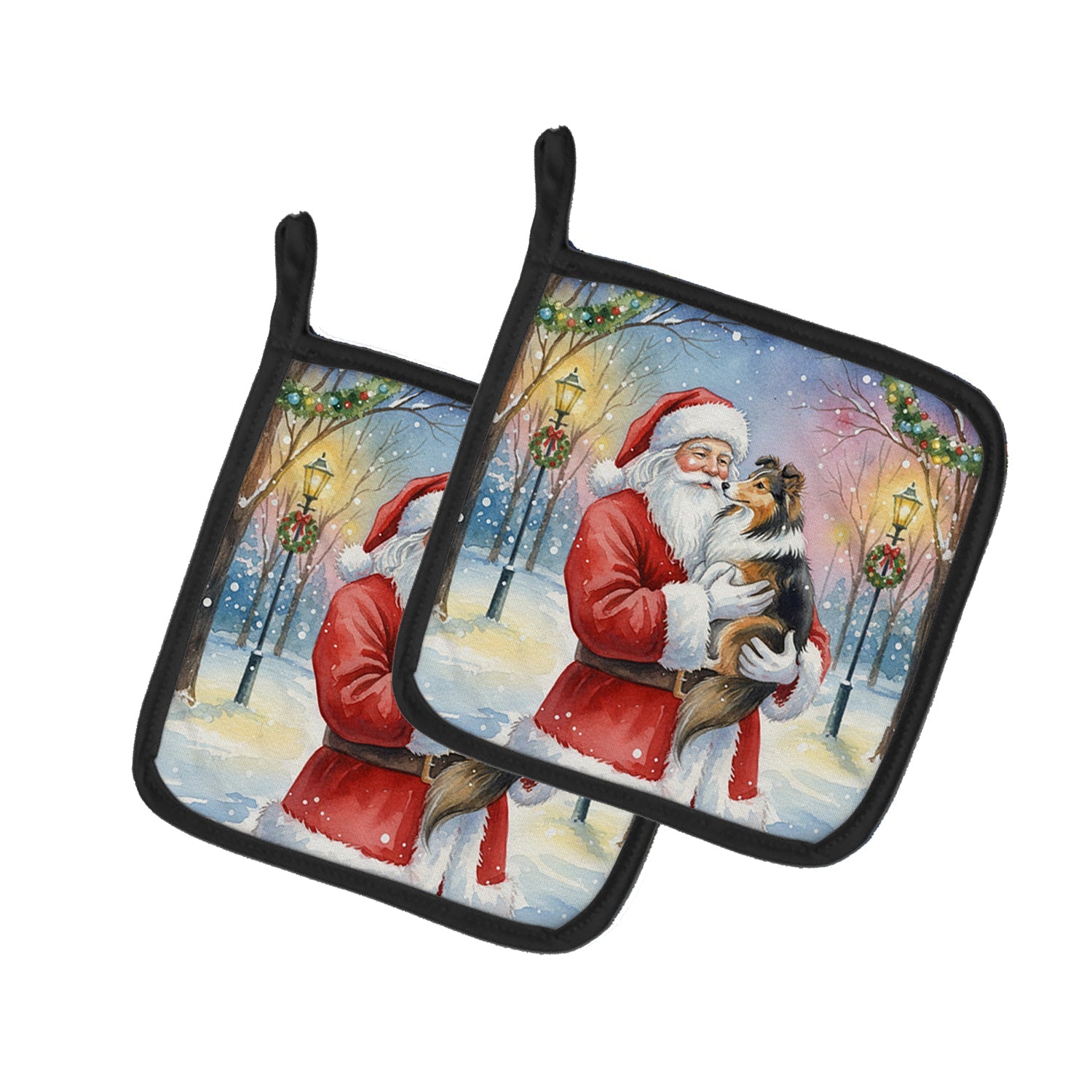 Sheltie with Santa Claus Pot Holder Set of 2 Heat Resistant Quilted Hot Pads 7.5 x 7.5 Inch, Insulated Kitchen Trivets for Cooking & Baking