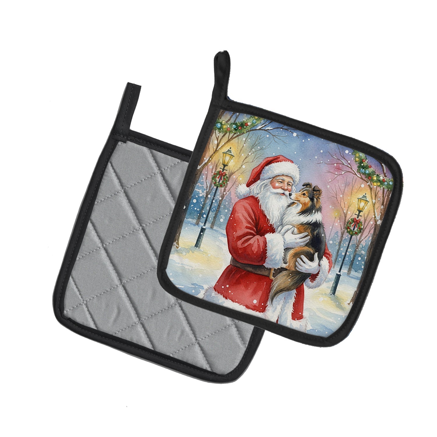 Sheltie with Santa Claus Pot Holder Set of 2 Heat Resistant Quilted Hot Pads 7.5 x 7.5 Inch, Insulated Kitchen Trivets for Cooking & Baking