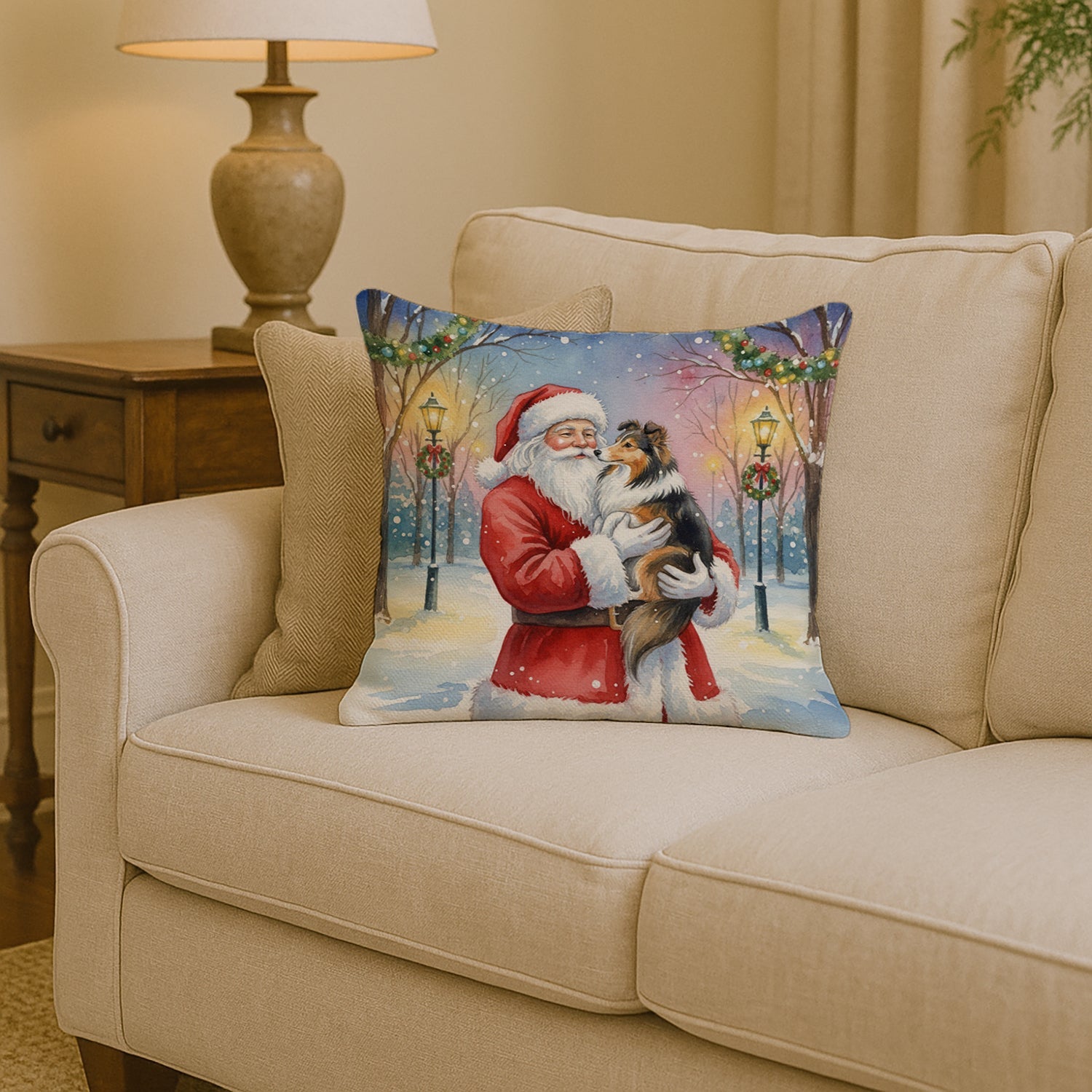 Sheltie with Santa Claus Decorative Throw Pillow 14x14 Indoor Outdoor Accent Cushion, Fabric Cover with Insert for Sofa, Bed, Porch & Living Room