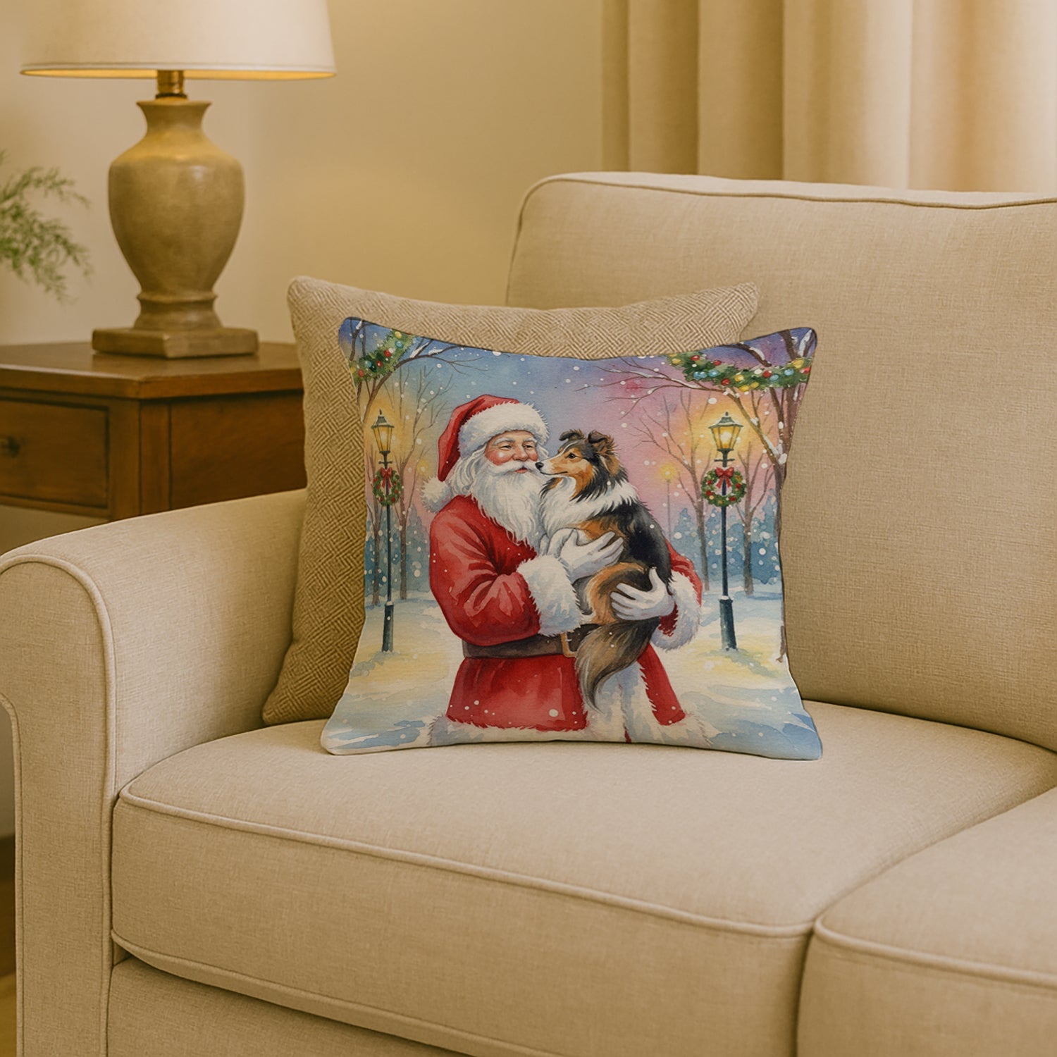Sheltie with Santa Claus Decorative Throw Pillow 18x18 Indoor Outdoor Accent Cushion, Fabric Cover with Insert for Sofa, Bed, Porch & Living Room